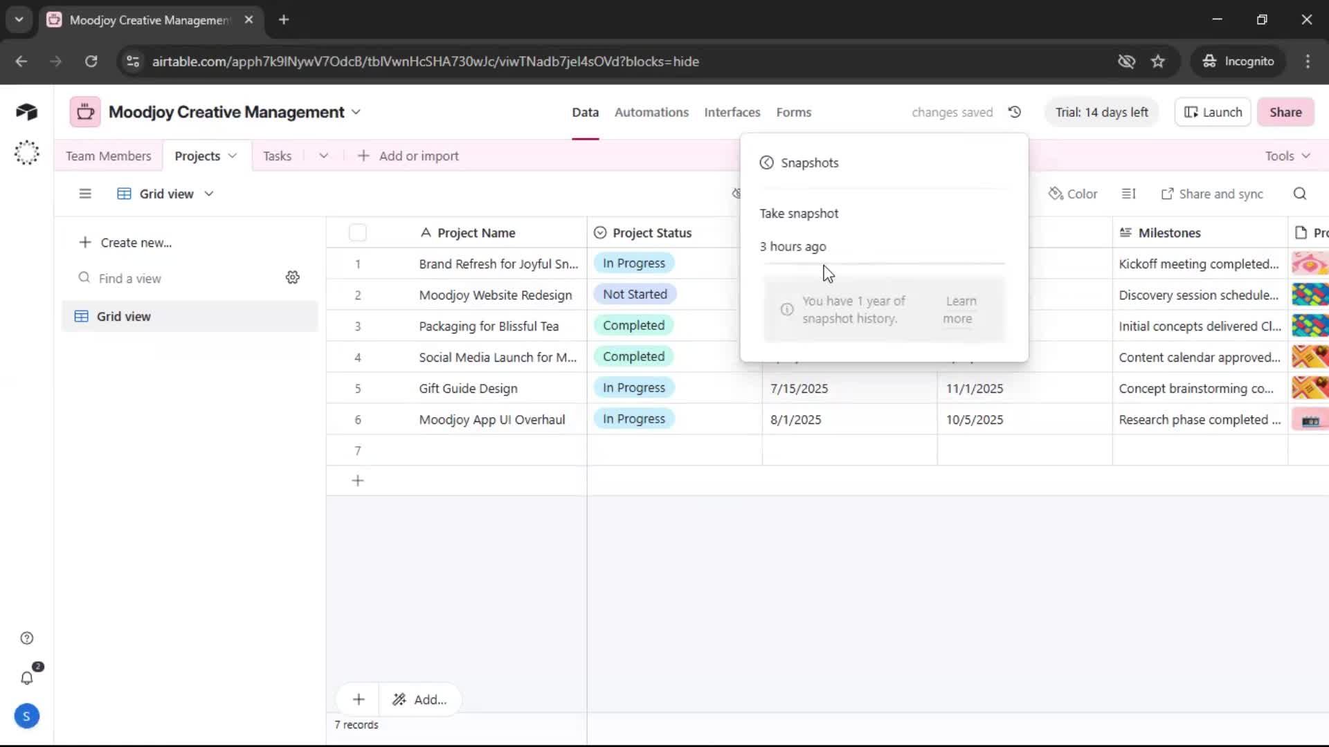 Version history screenshot