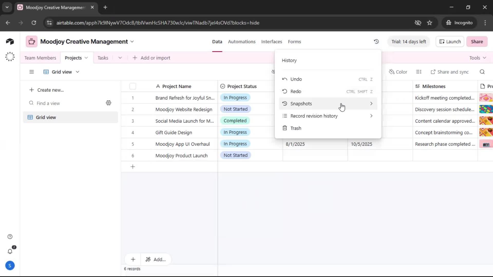 Version history screenshot