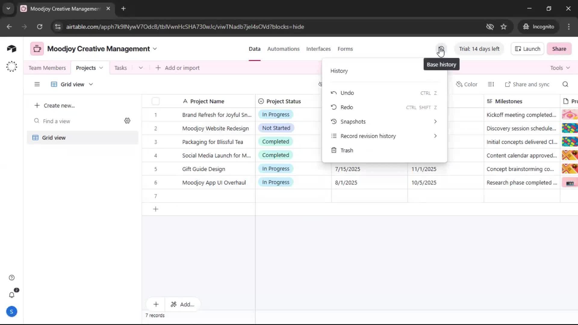 Version history screenshot