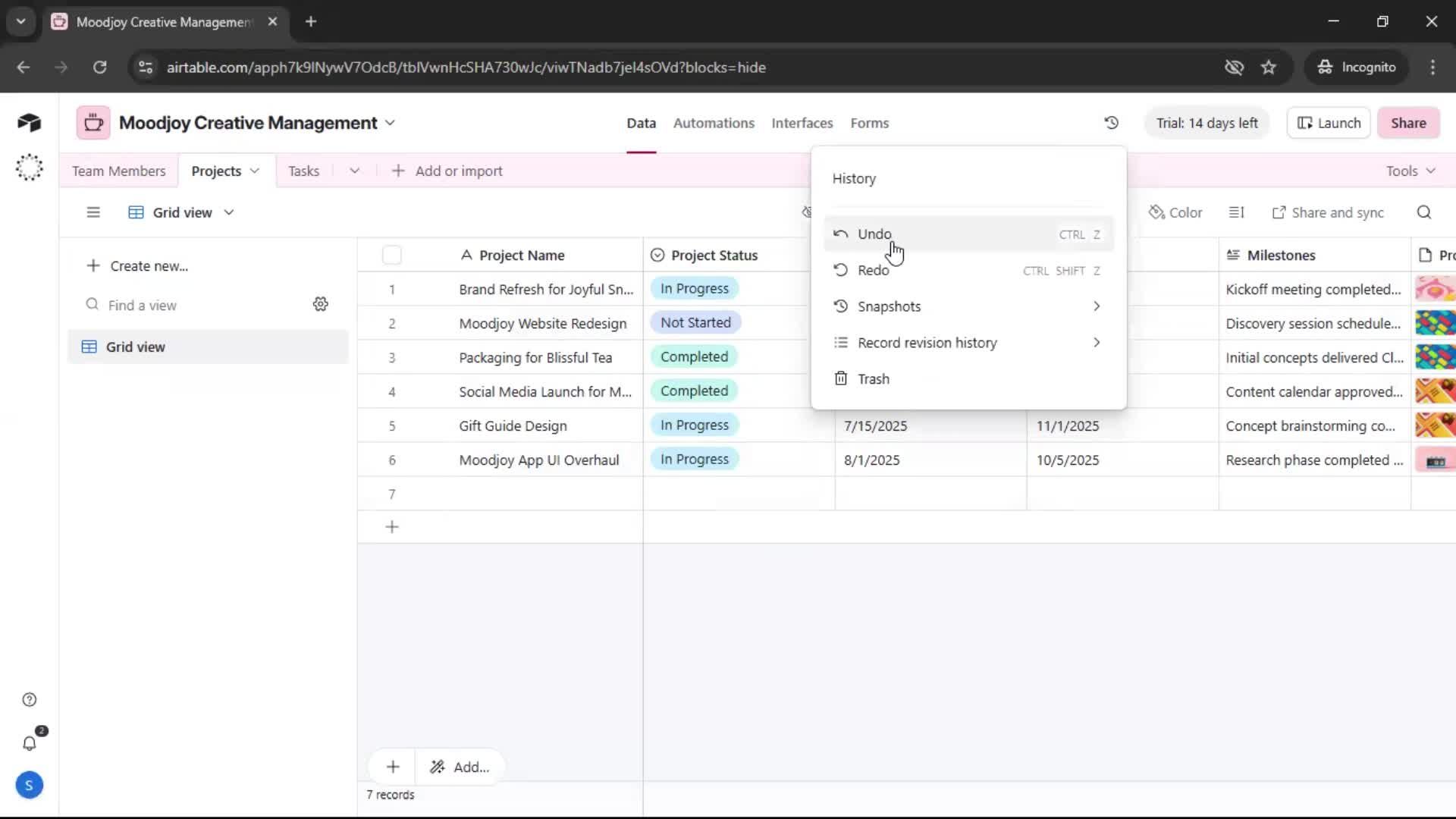 Version history screenshot