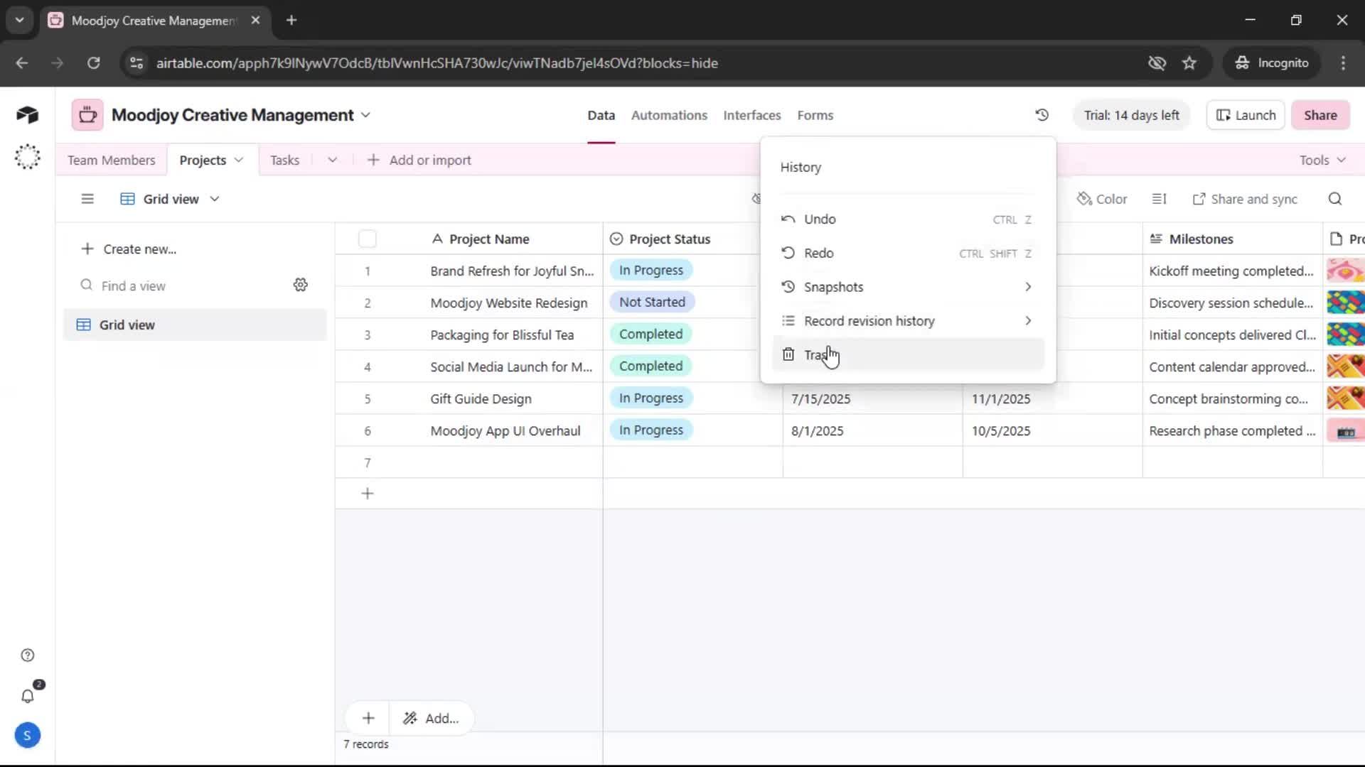 Version history screenshot