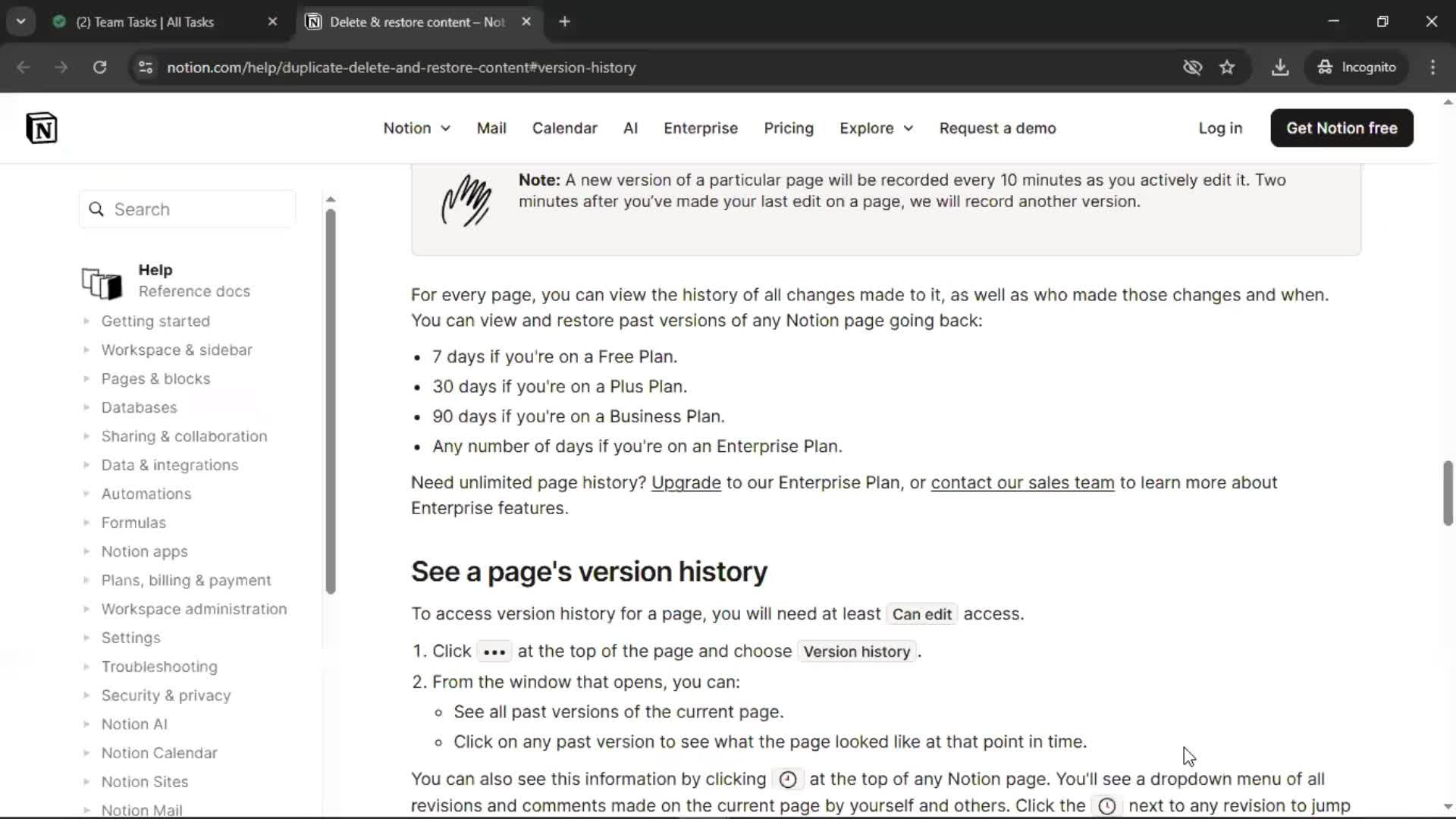 Version history screenshot