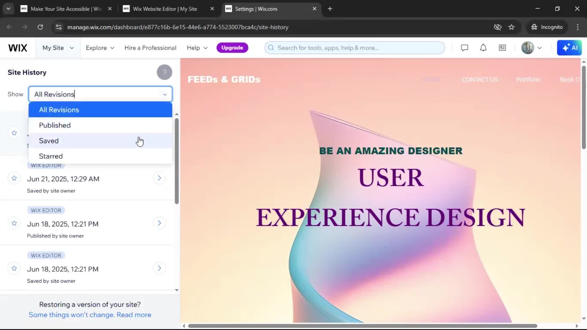 Version history screenshot