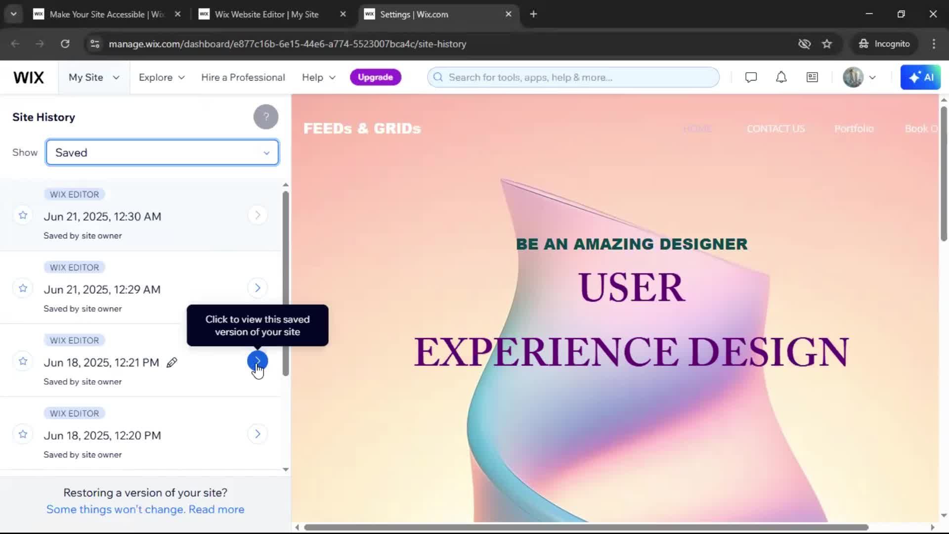 Version history screenshot