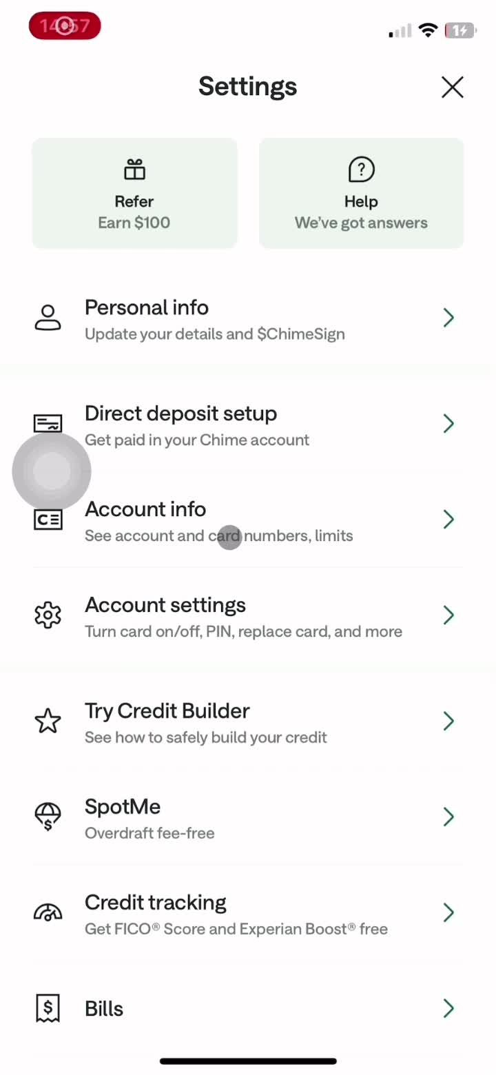 Account settings on Chime video thumbnail