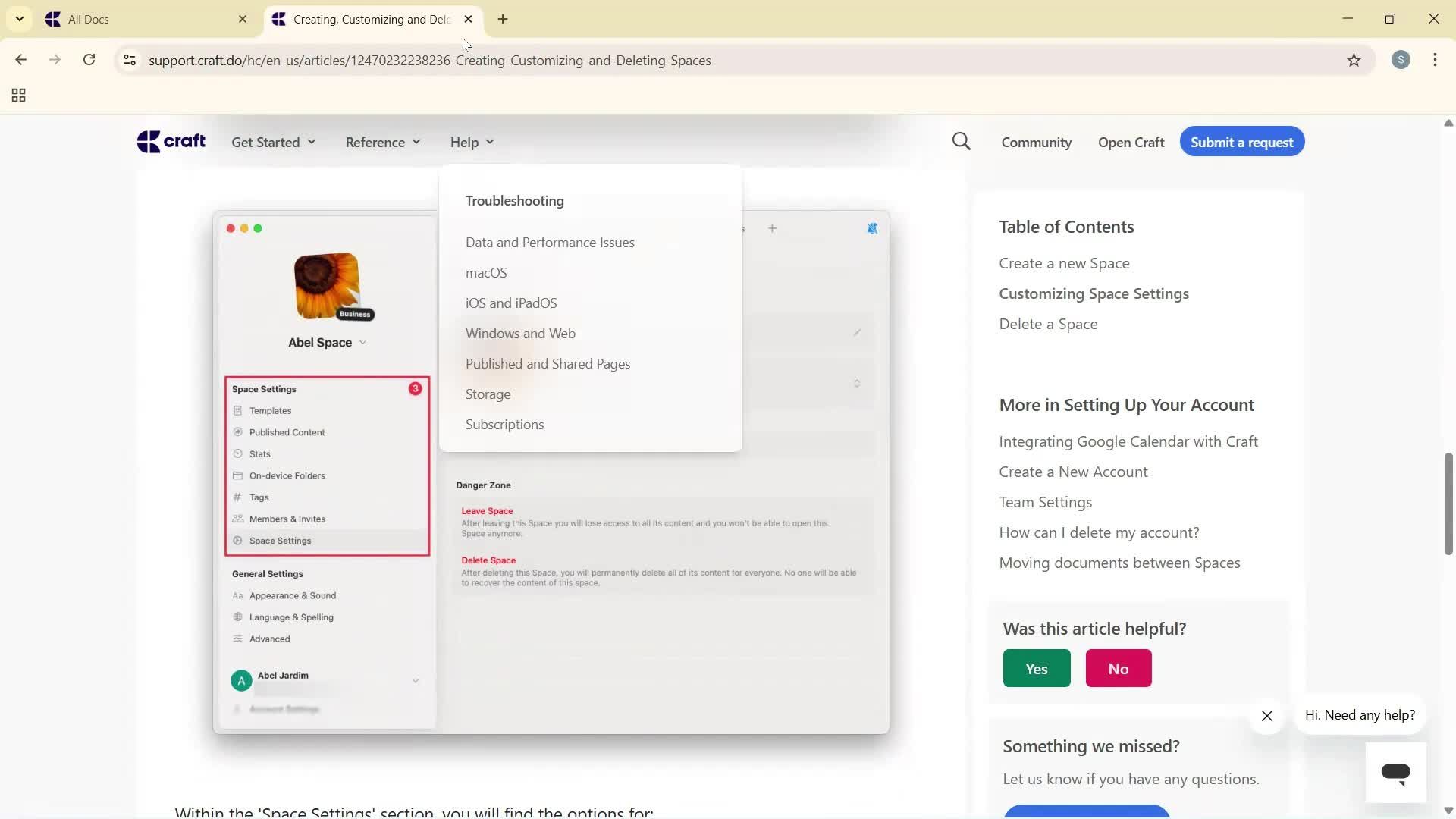 Help center screenshot
