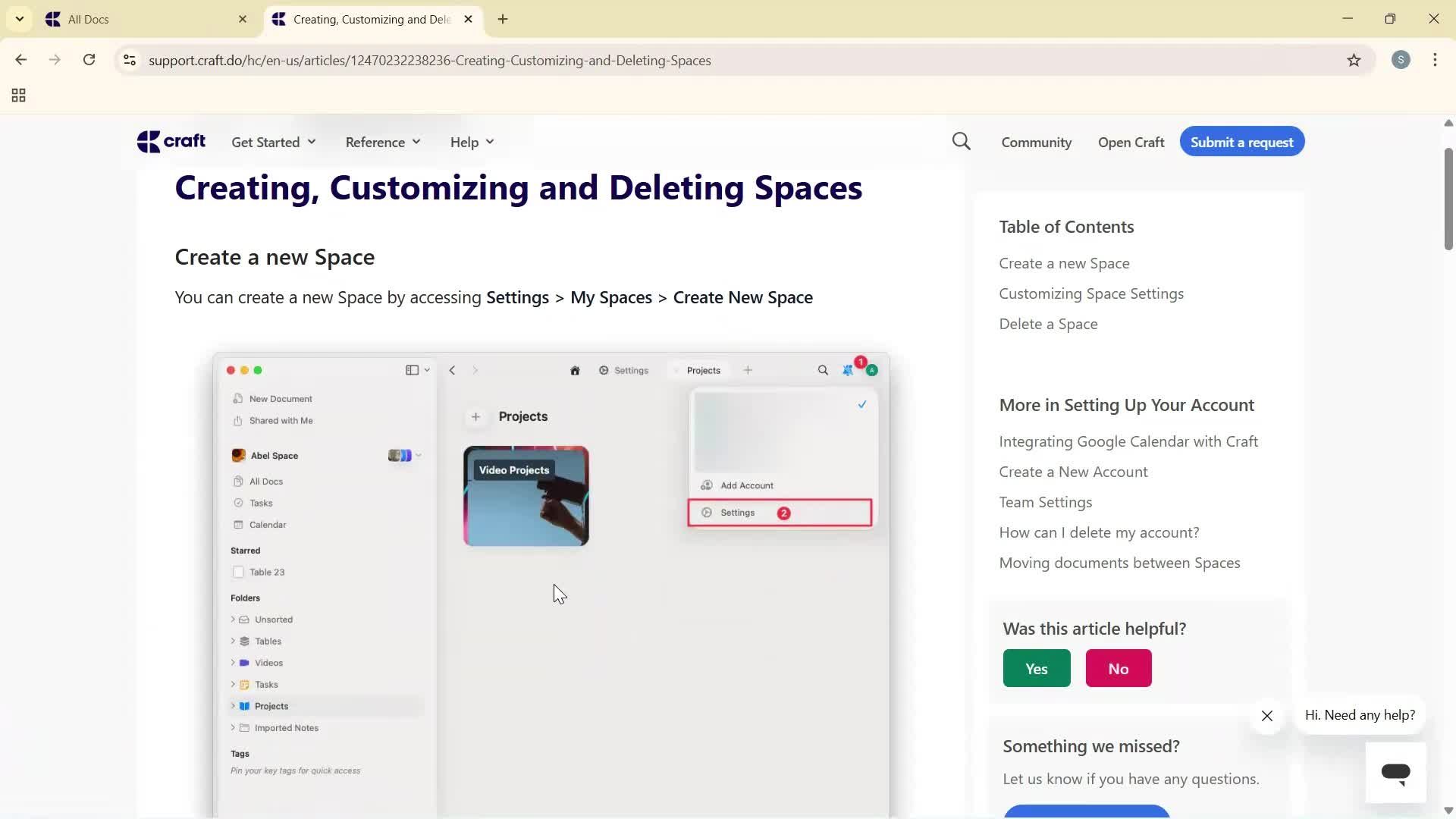 Help center screenshot