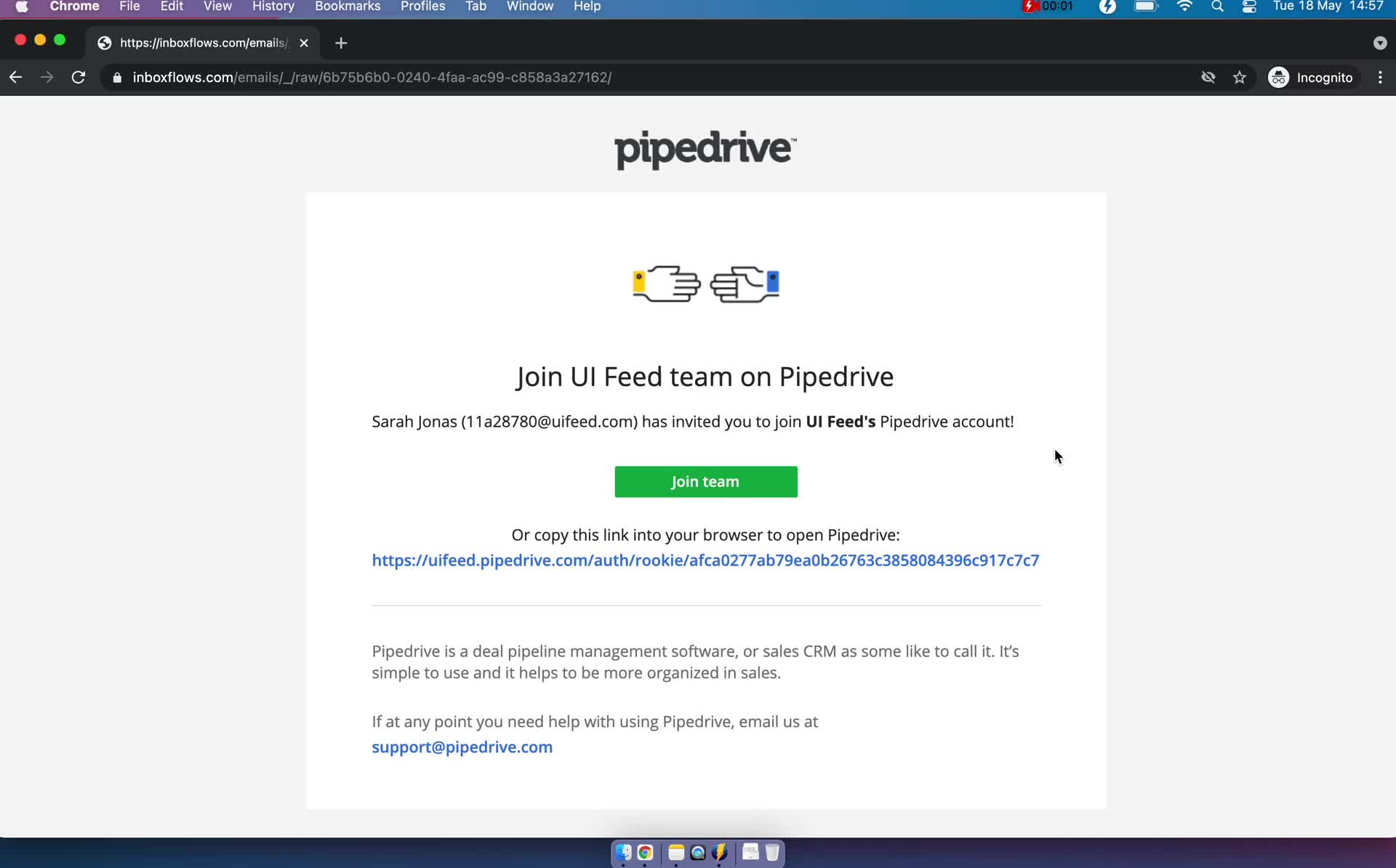 Accepting an invite on Pipedrive video screenshot