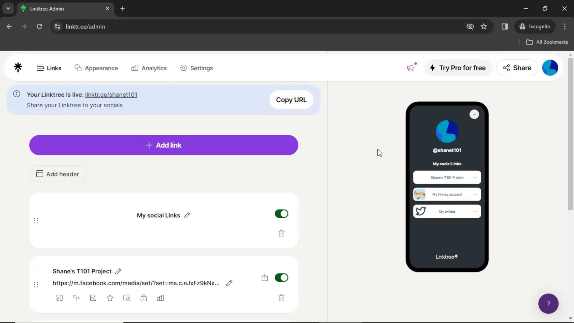 Linktree screenshot
