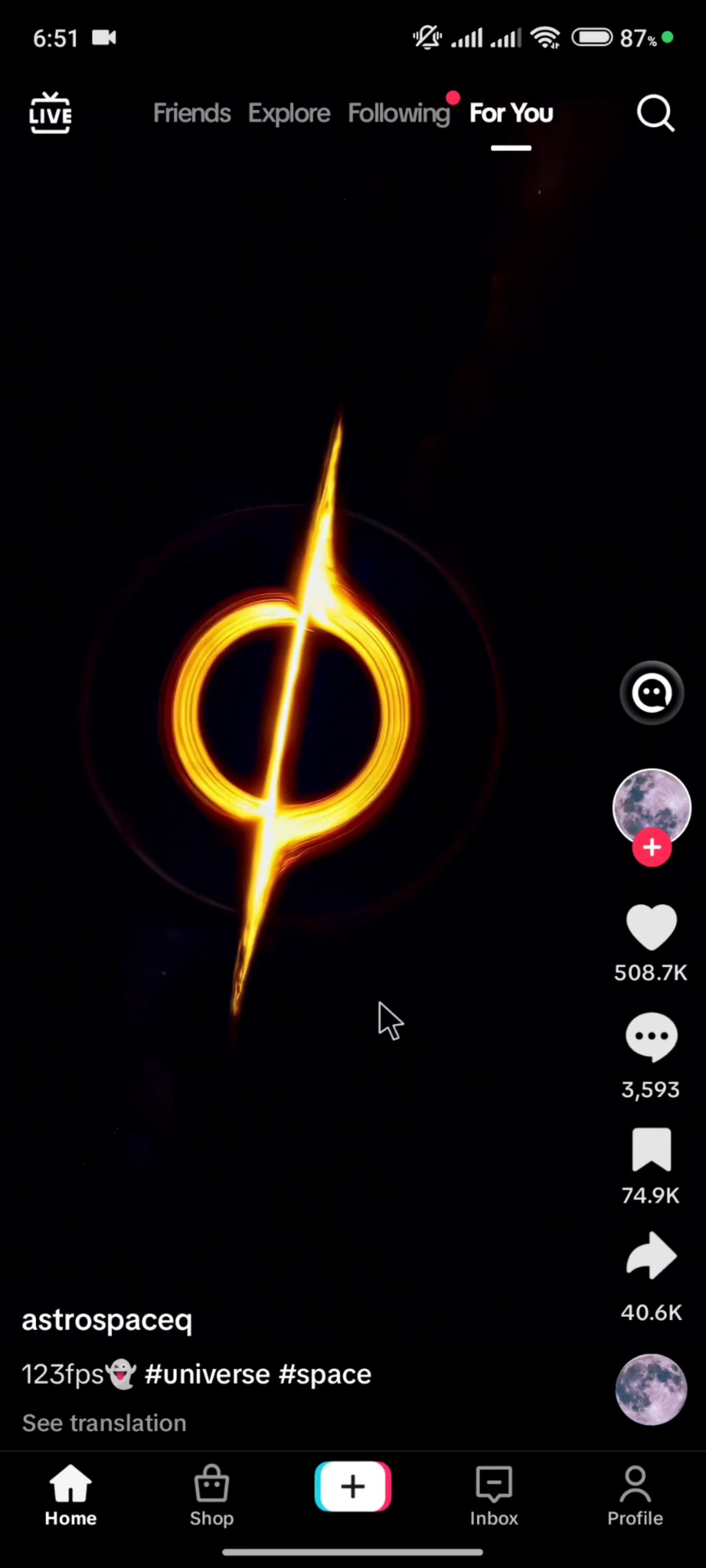 Account settings on TikTok video thumbnail