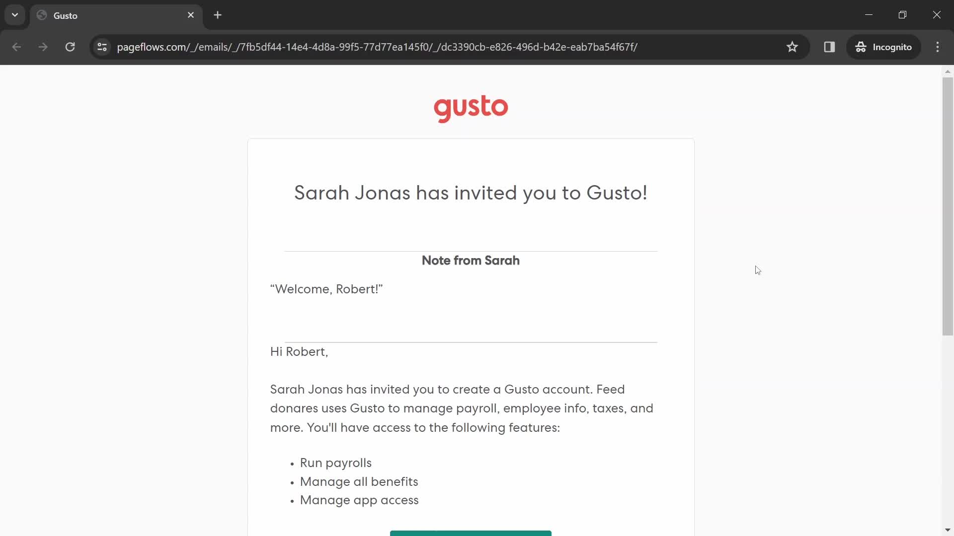 Screenshot of Invite email on Accepting an invite on Gusto user flow