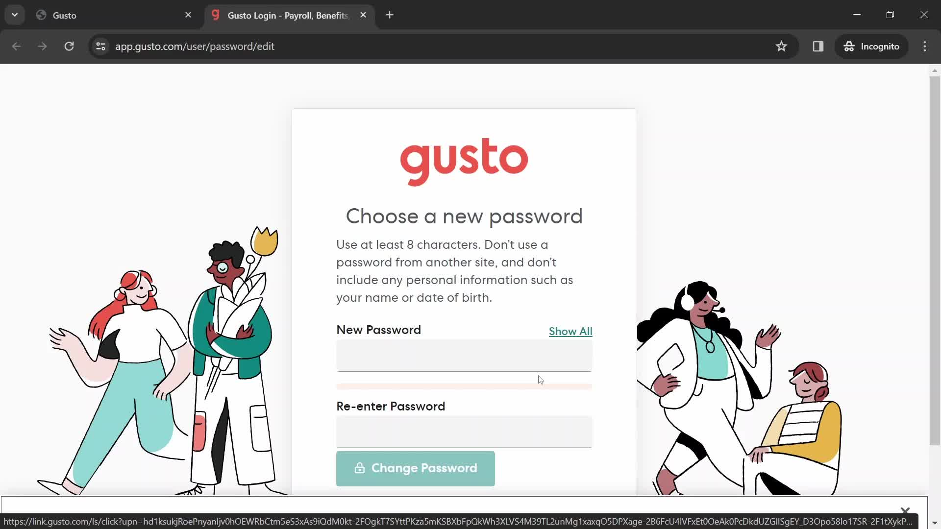 Screenshot of Set new password on Accepting an invite on Gusto user flow