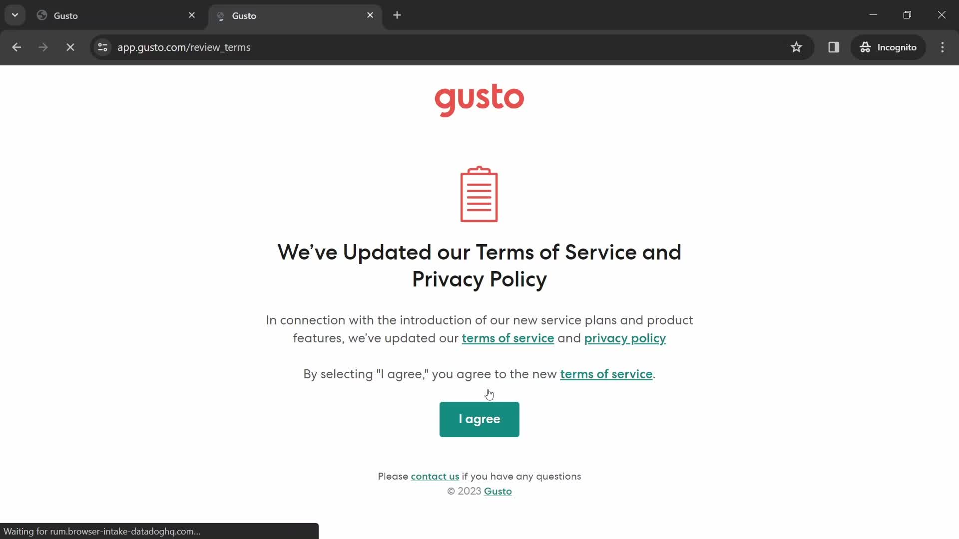 Screenshot of Agree to terms on Accepting an invite on Gusto user flow