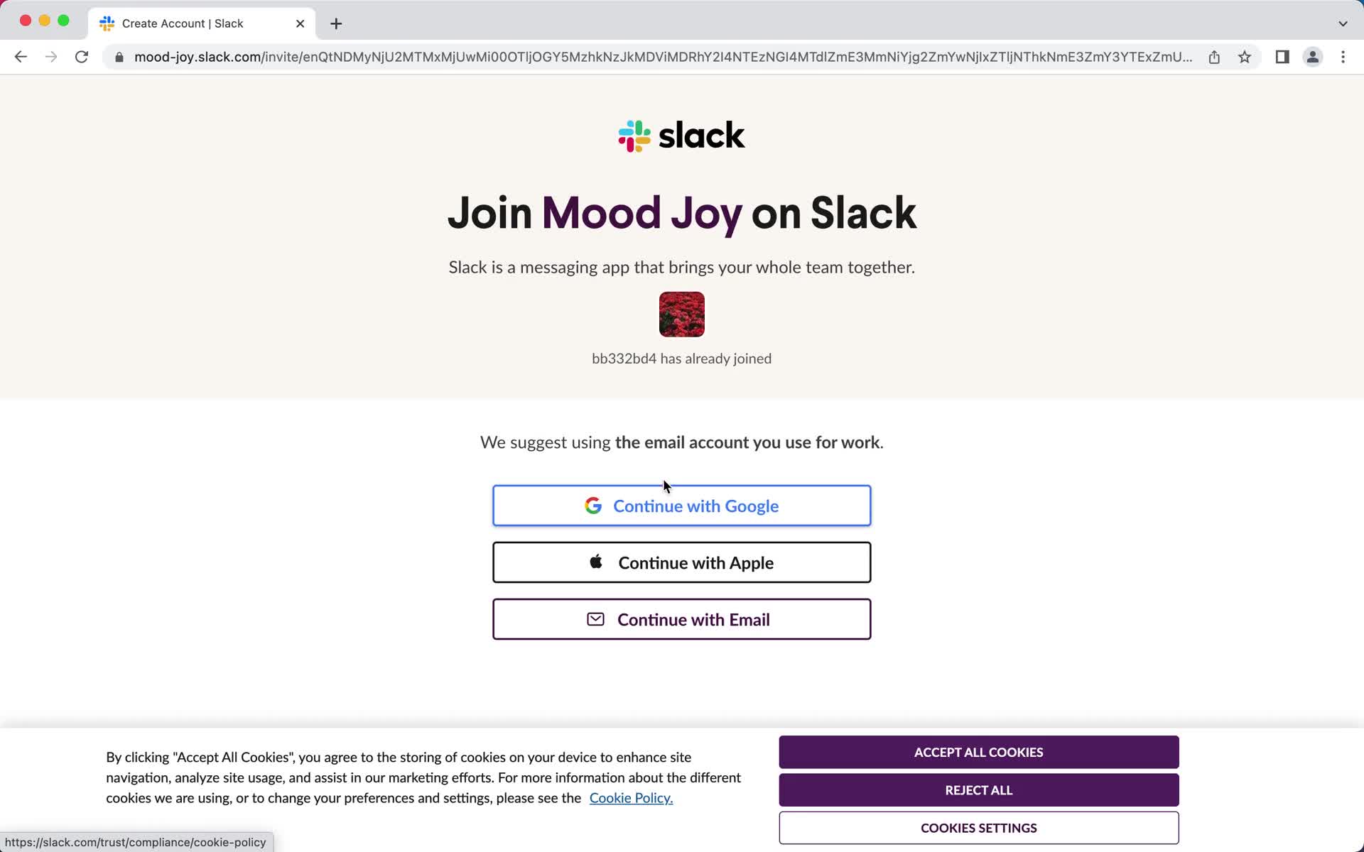 Screenshot of Sign up on Accepting an invite on Slack user flow