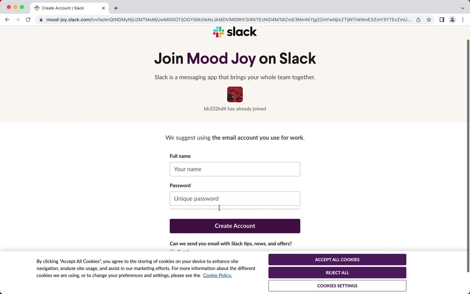Screenshot of Sign up with email on Accepting an invite on Slack user flow