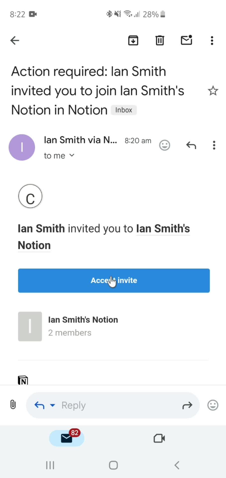 Accepting an invite screenshot