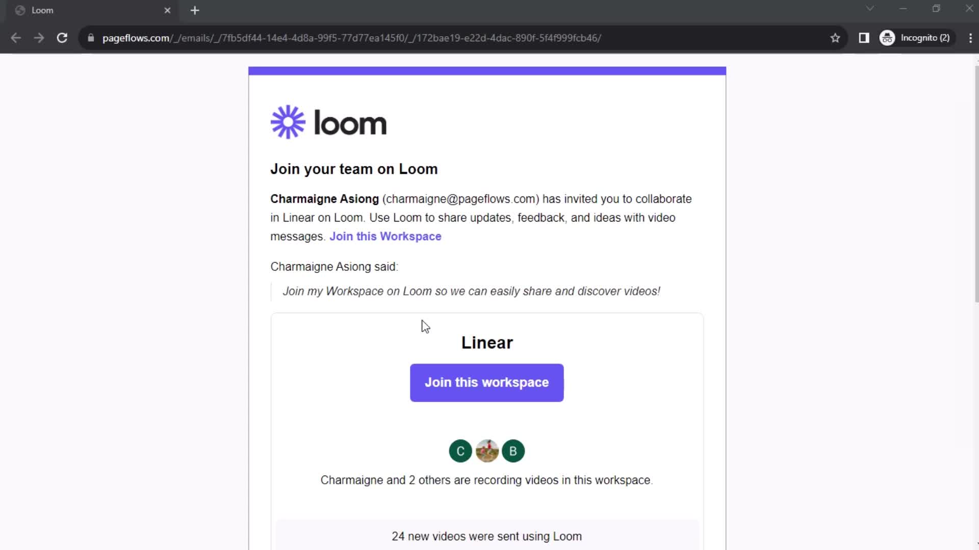 Screenshot of Invite email on Accepting an invite on Loom user flow