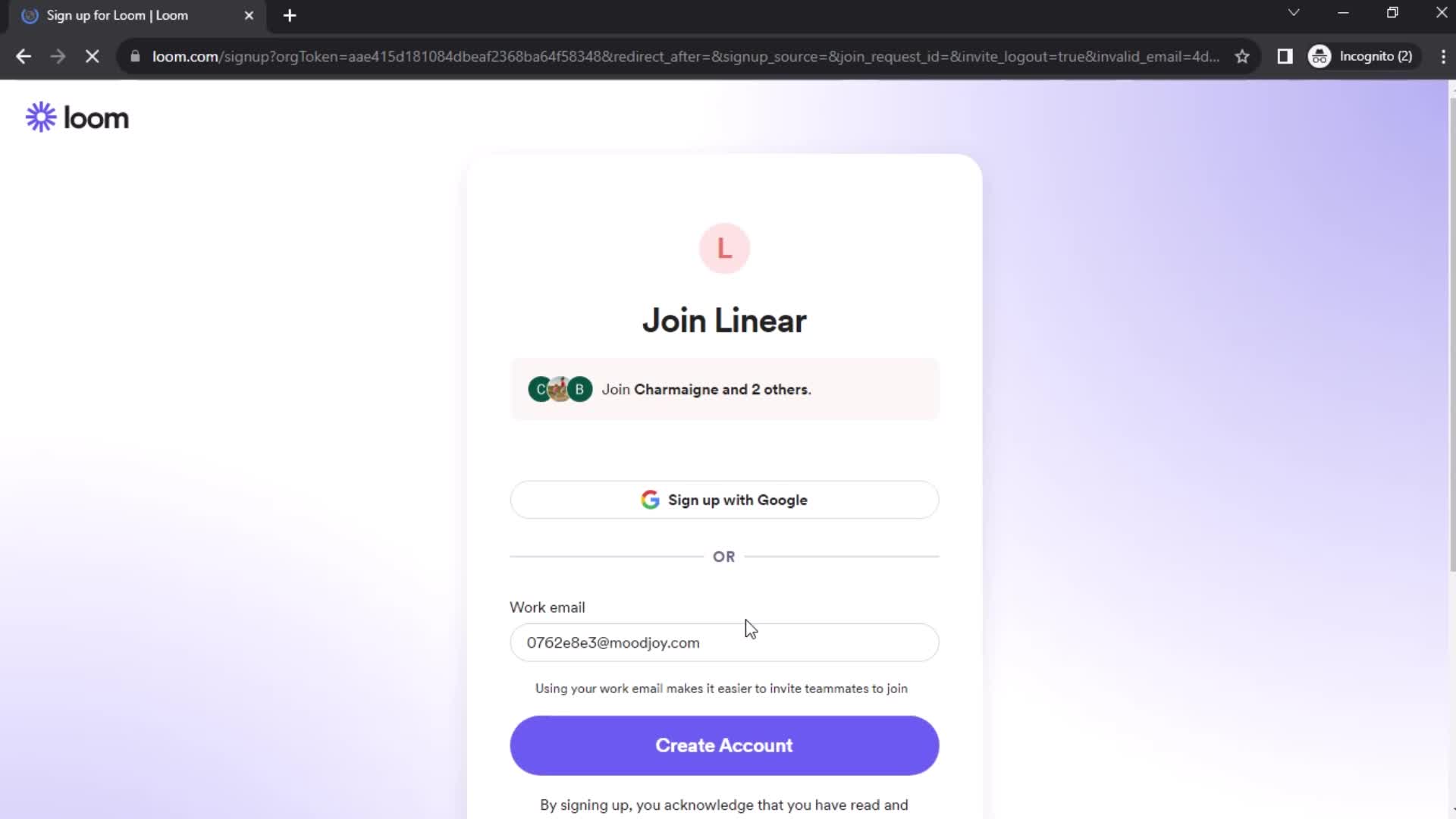 Screenshot of Sign up on Accepting an invite on Loom user flow