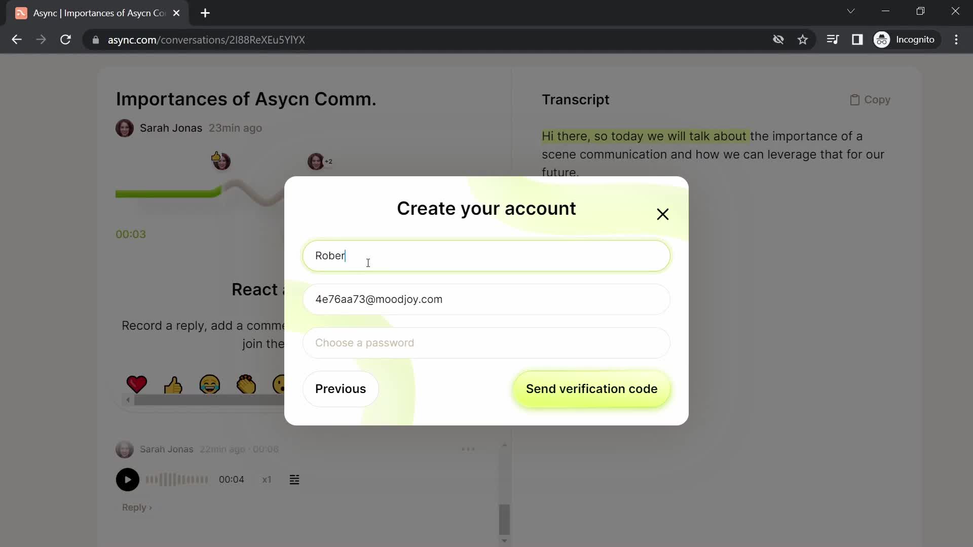 Screenshot of Sign up on Accepting an invite on Async user flow