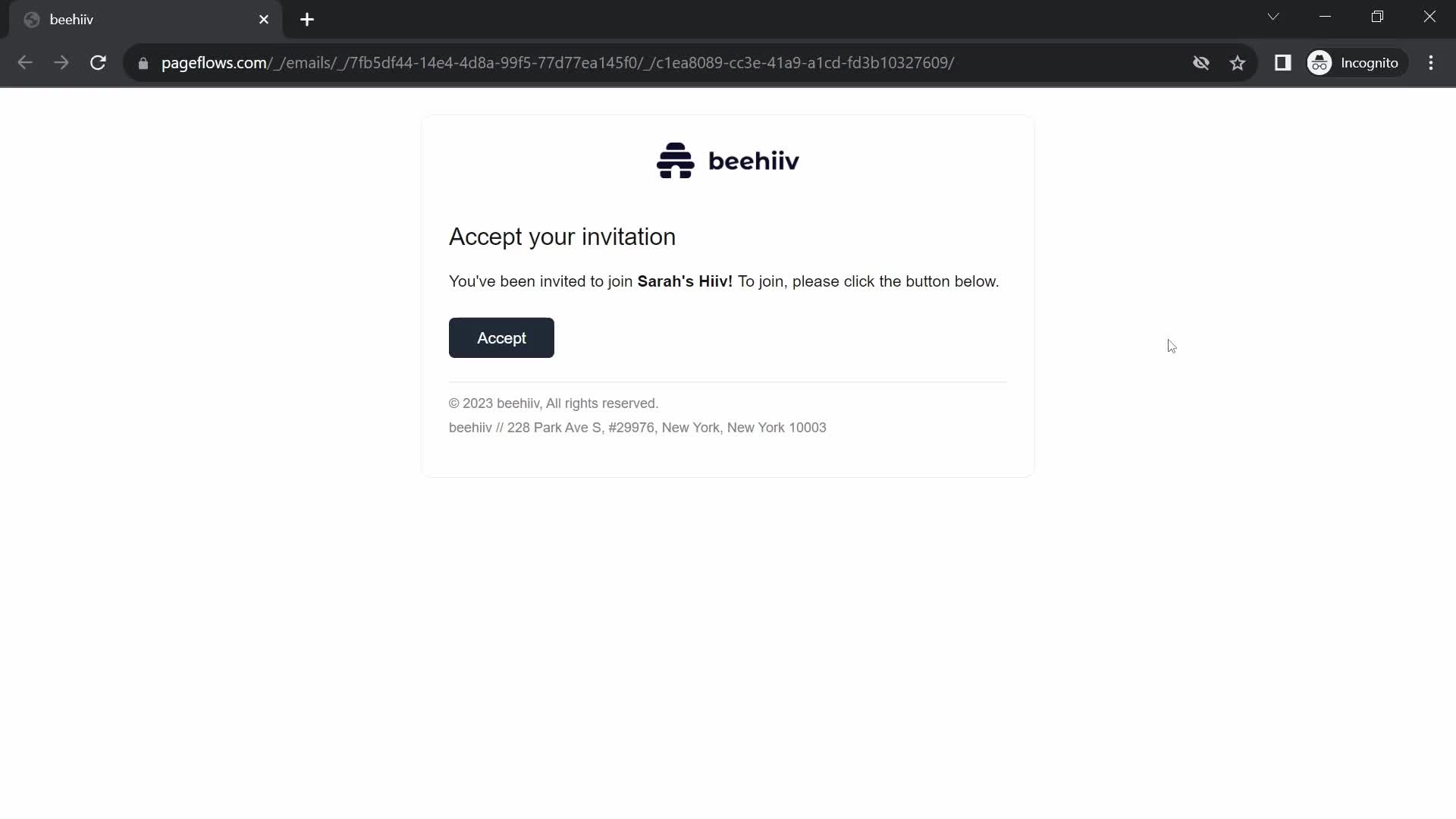 Screenshot of Verify email on Accepting an invite on Beehiiv user flow