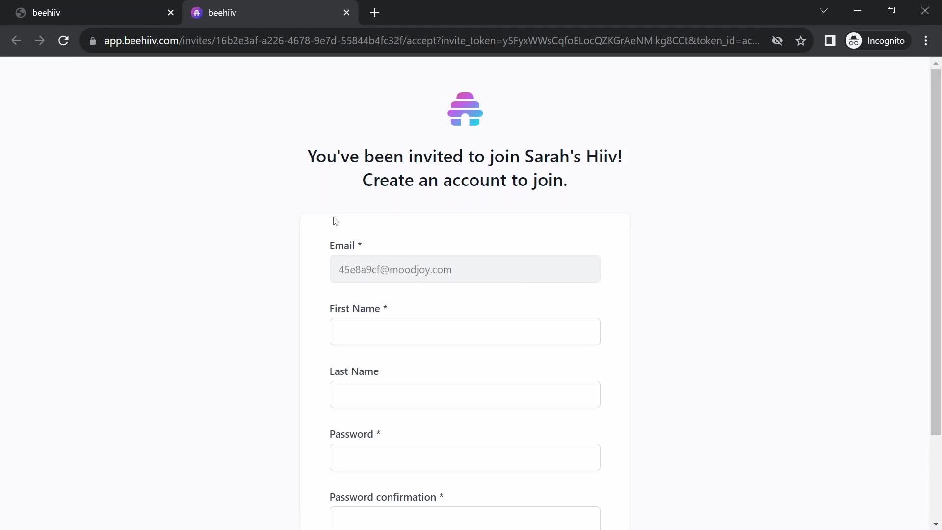 Screenshot of Sign up on Accepting an invite on Beehiiv user flow