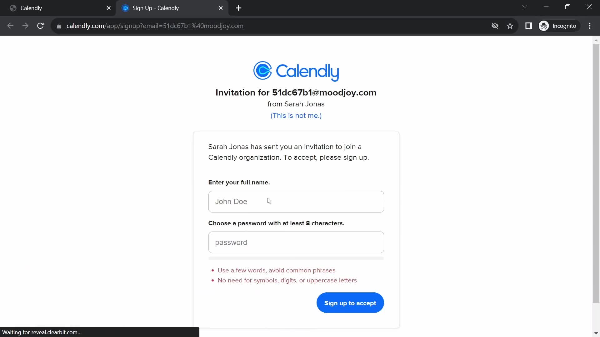 Screenshot of Sign up on Accepting an invite on Calendly user flow
