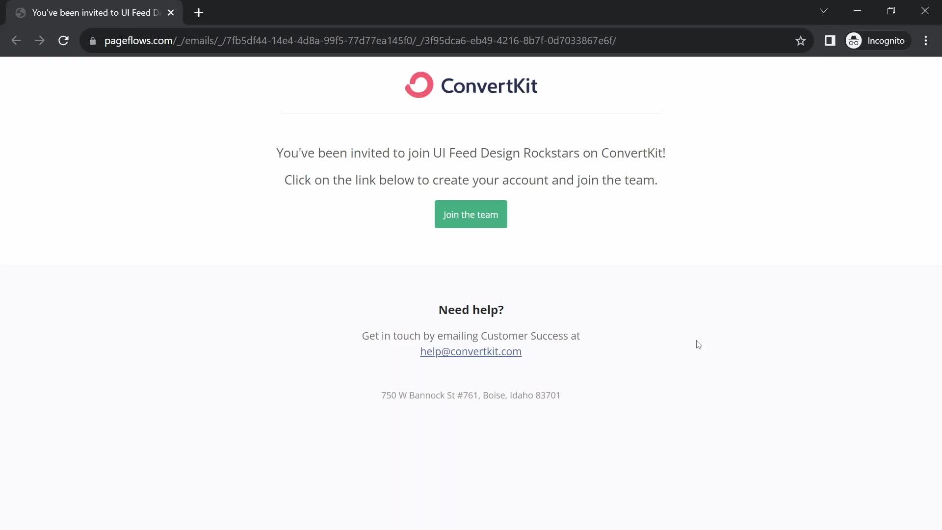 Screenshot of Verify email on Accepting an invite on ConvertKit user flow