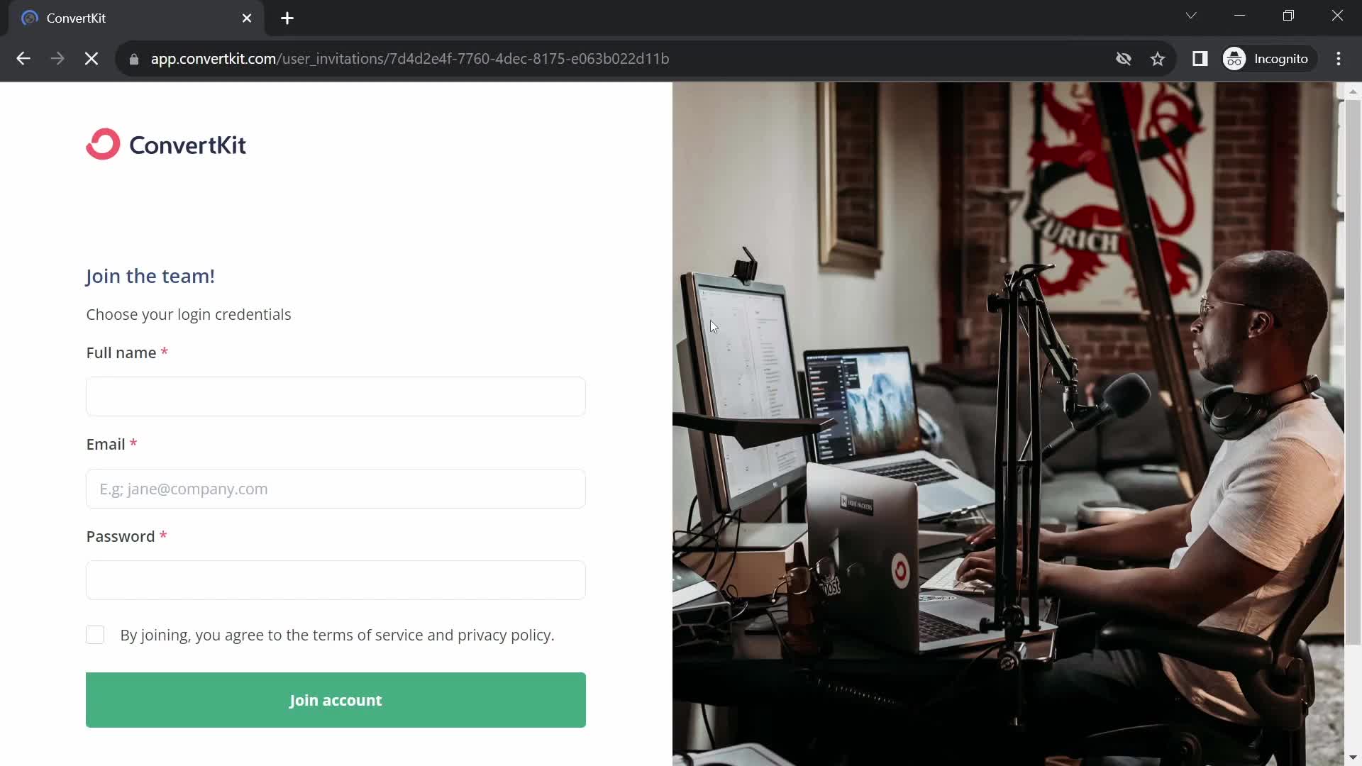 Screenshot of Sign up on Accepting an invite on ConvertKit user flow