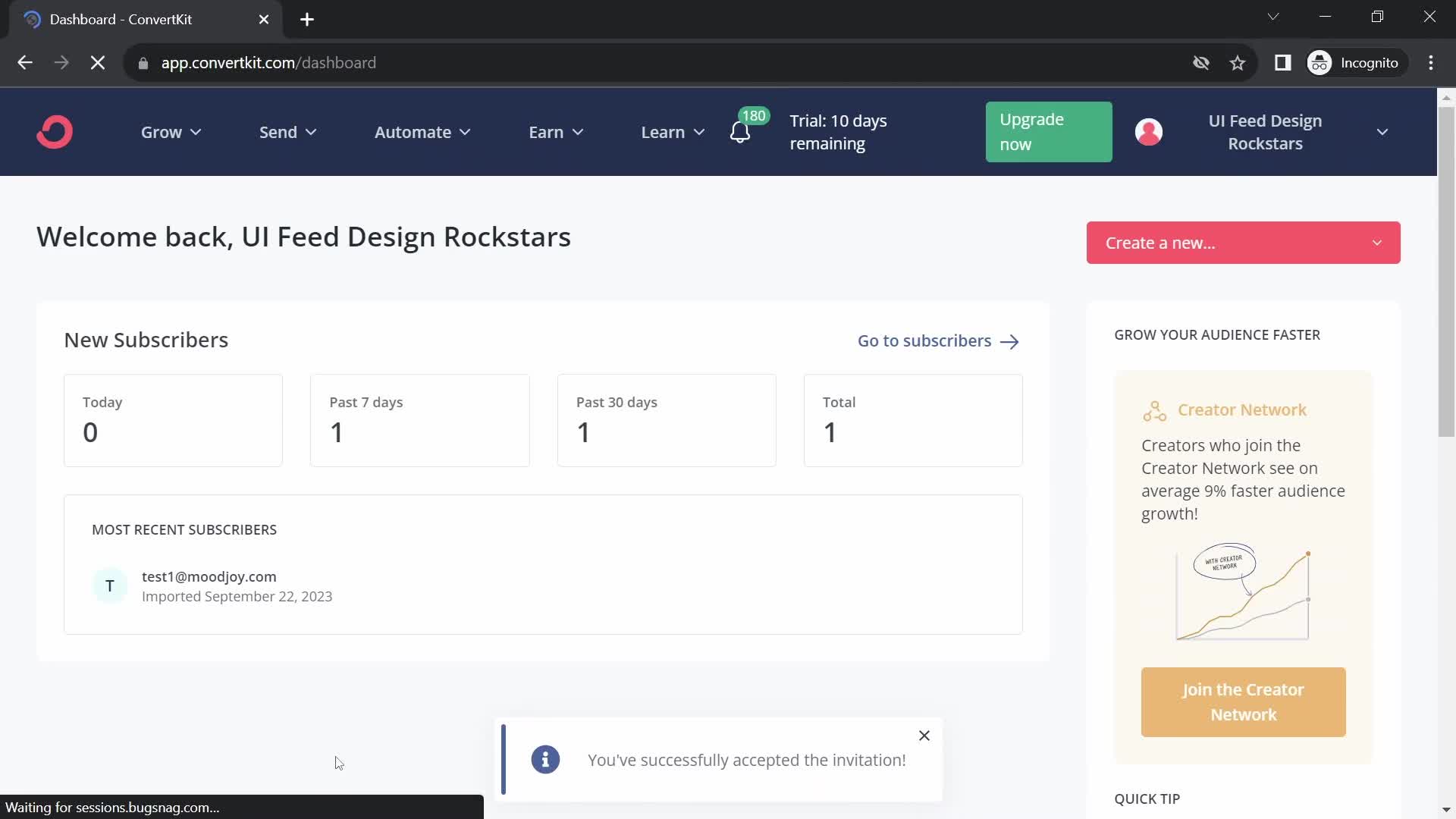 Screenshot of Dashboard on Accepting an invite on ConvertKit user flow