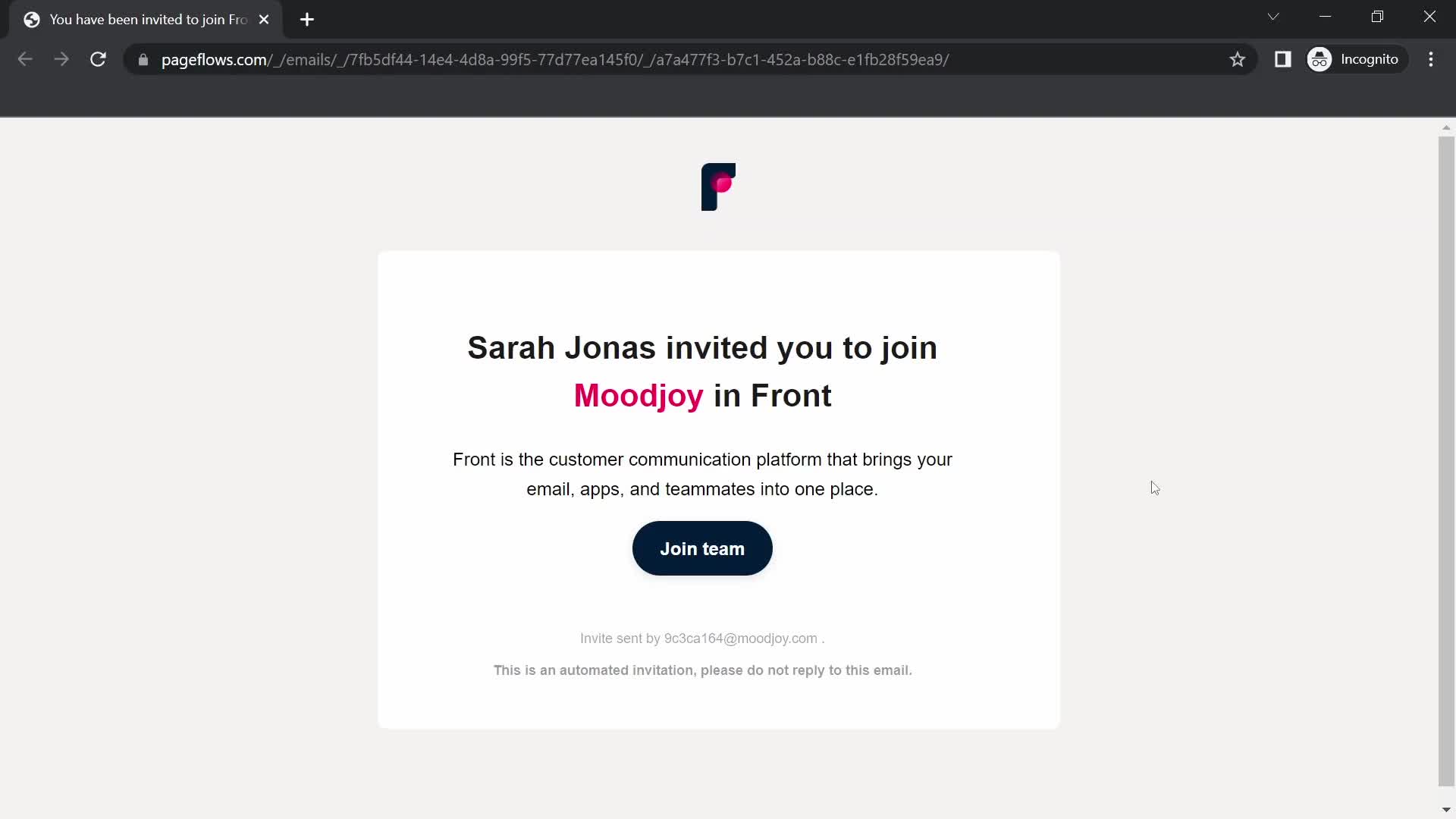 Screenshot of Invite email on Accepting an invite on Front user flow