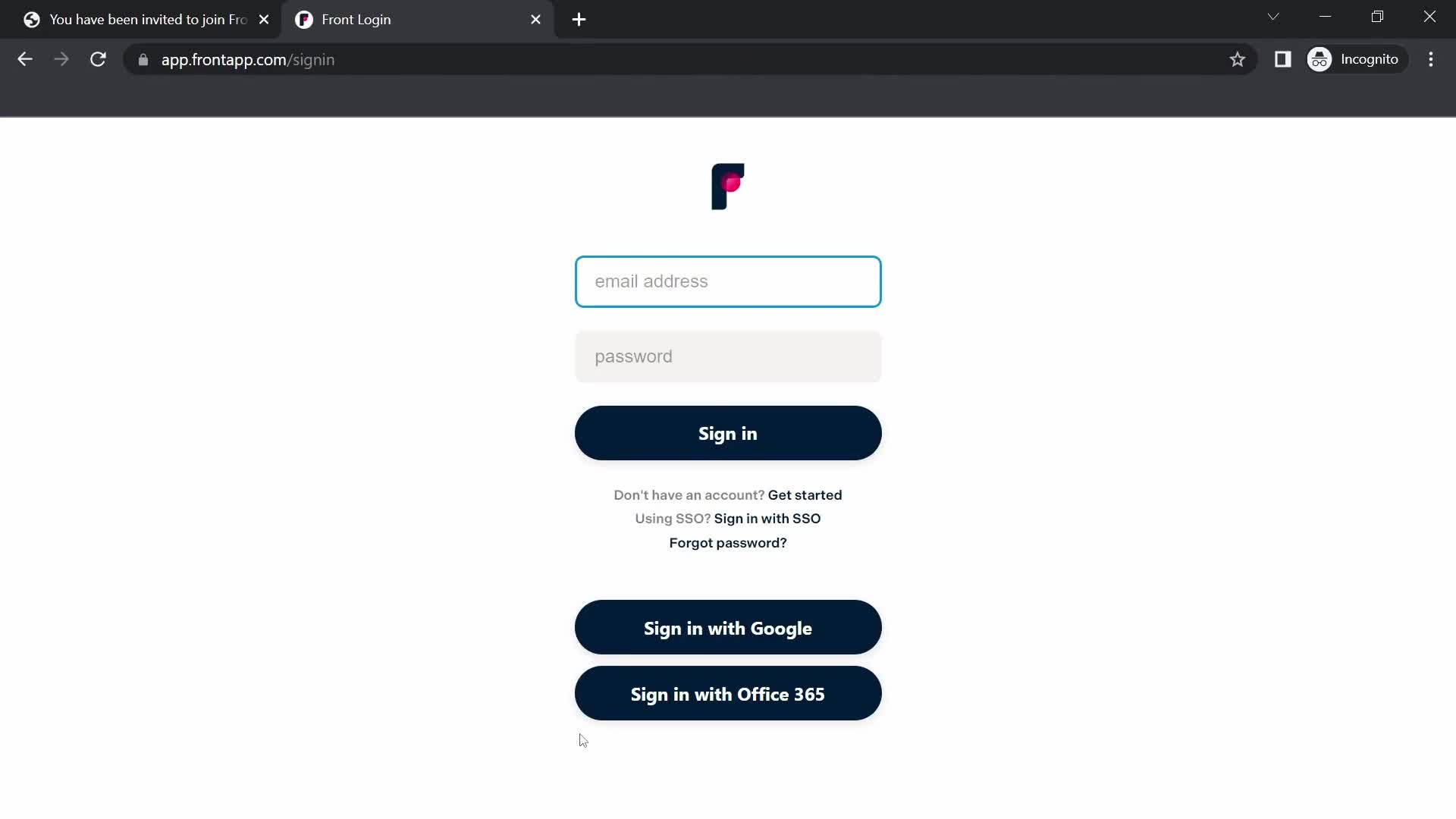 Screenshot of Sign in on Accepting an invite on Front user flow