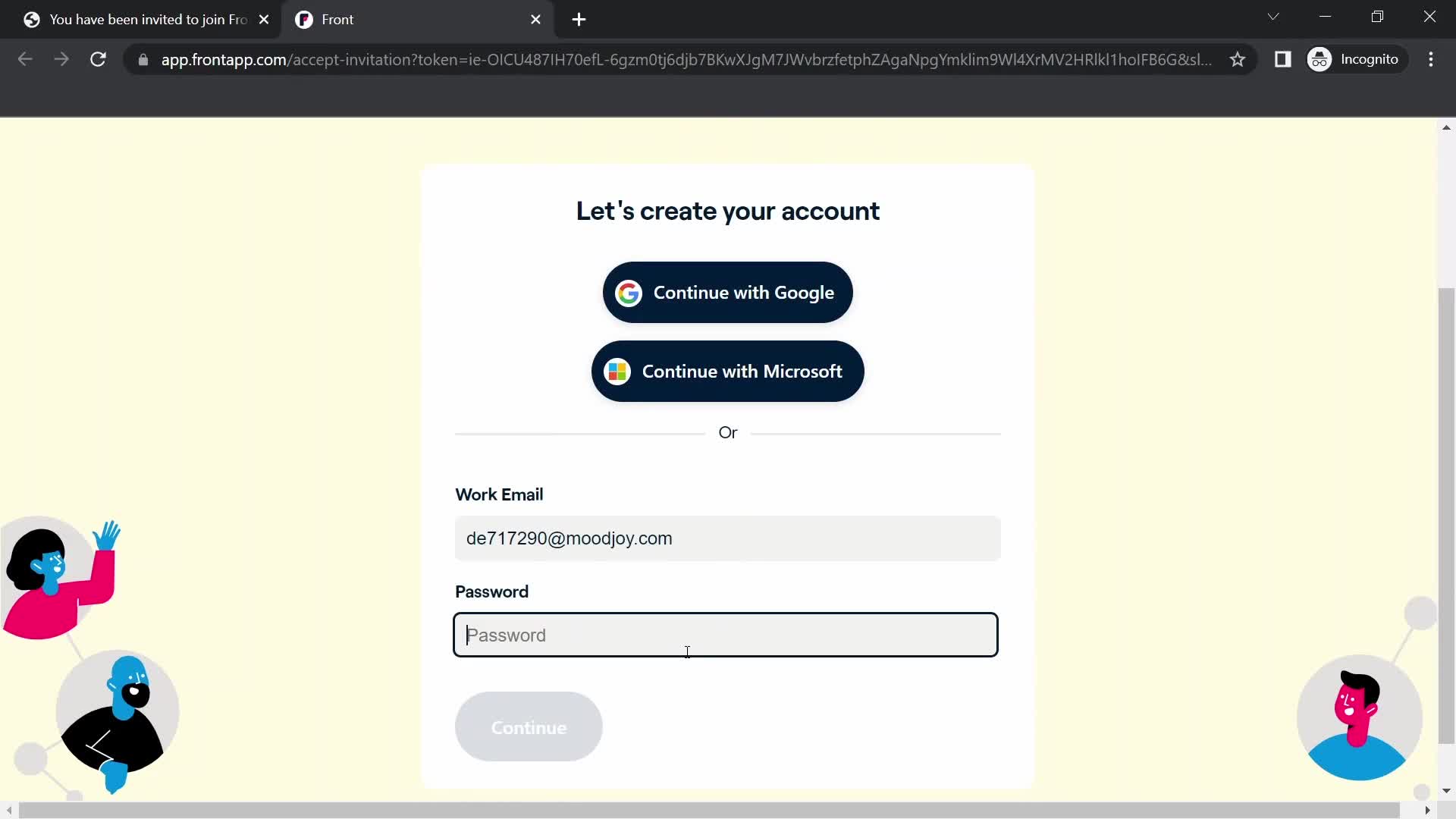 Screenshot of Sign up on Accepting an invite on Front user flow