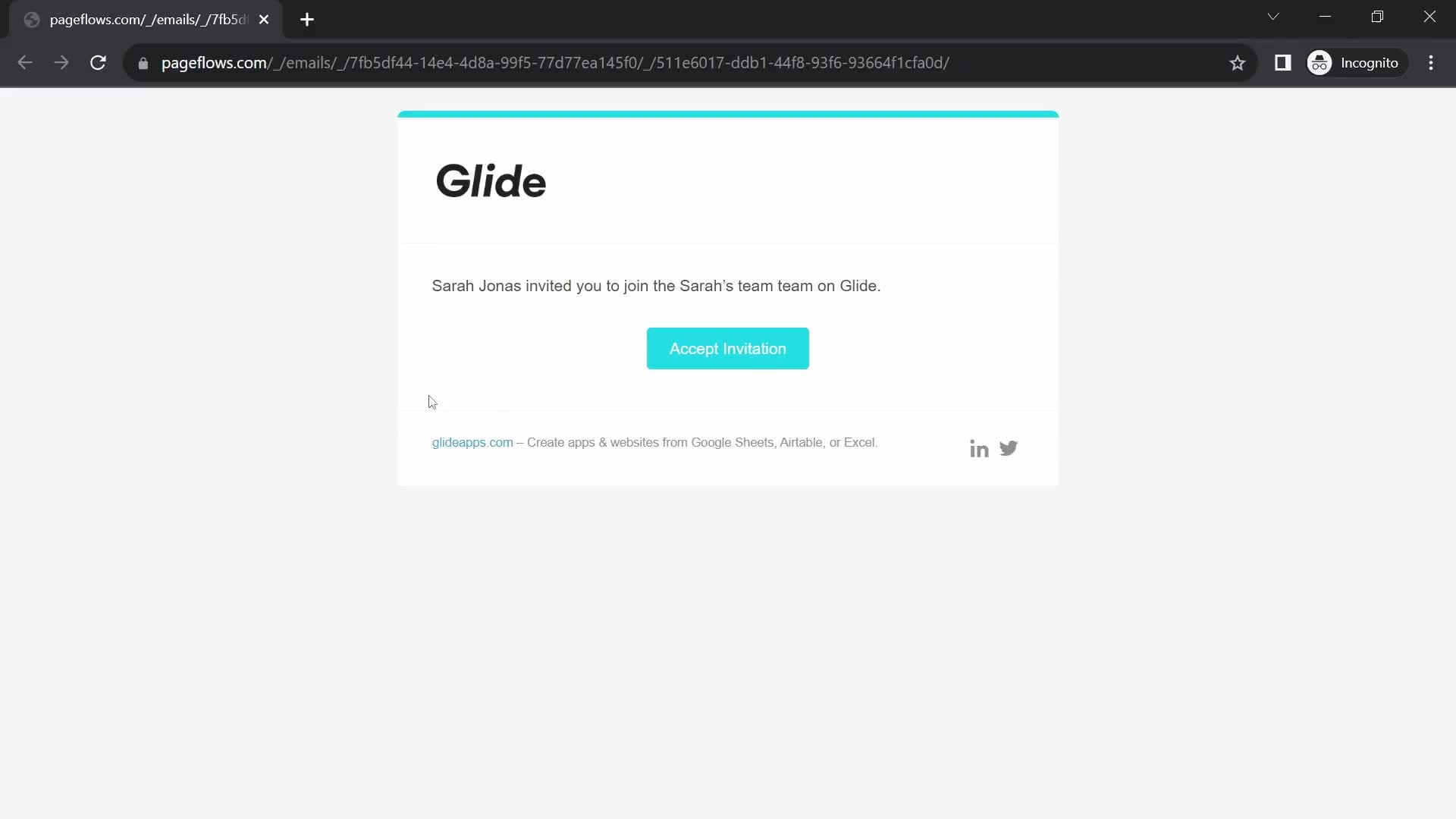 Screenshot of Invite email on Accepting an invite on Glide user flow