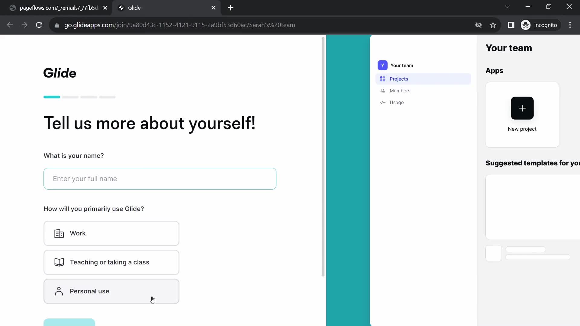 Screenshot of Tell us about yourself on Accepting an invite on Glide user flow