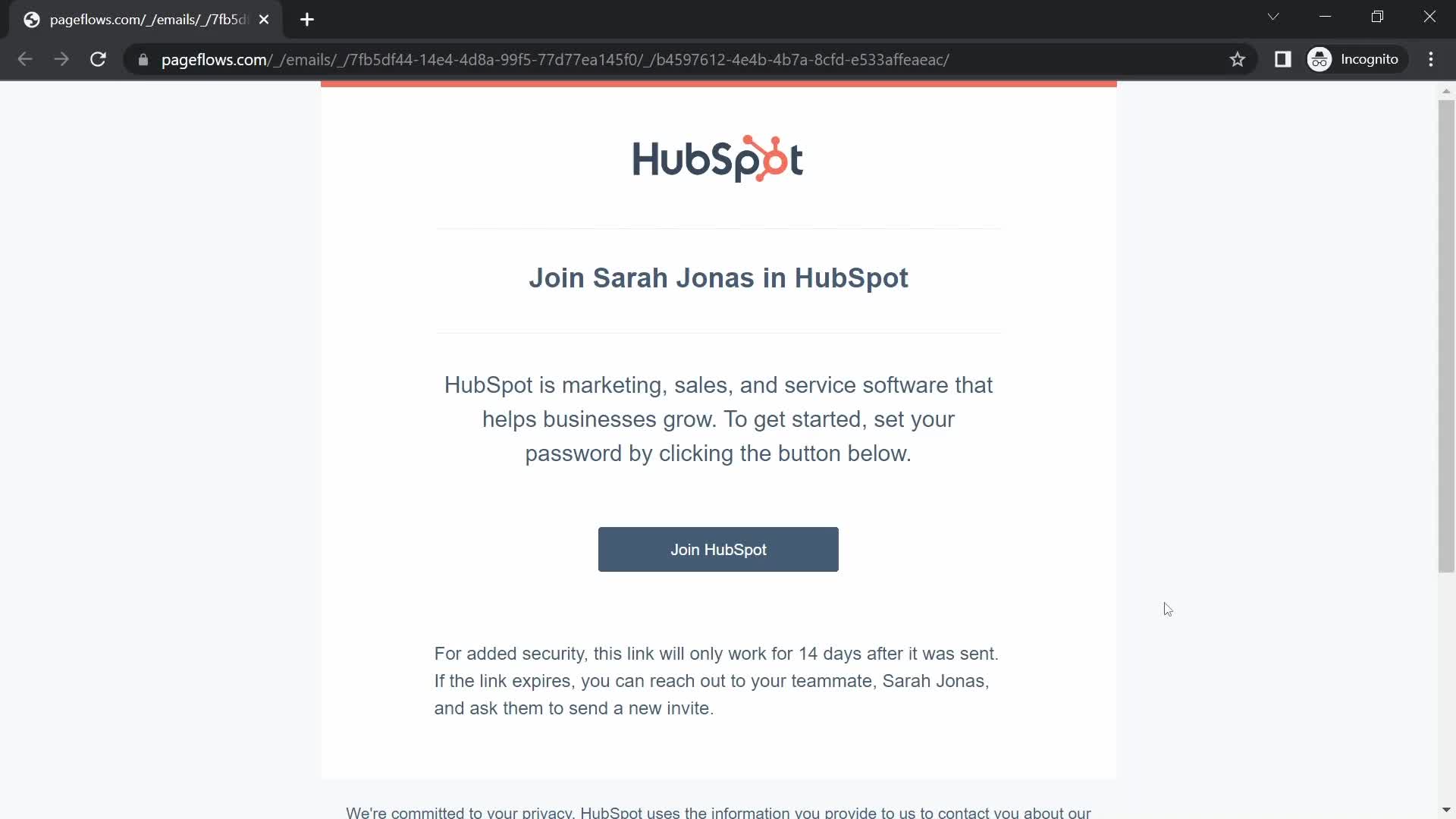 Screenshot of Invite email on Accepting an invite on HubSpot CRM user flow