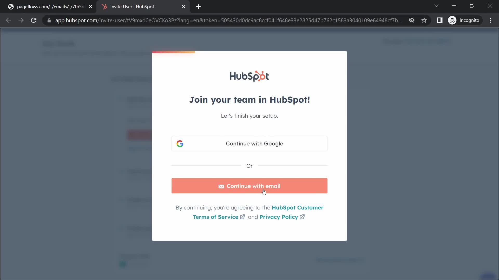 Screenshot of Sign up on Accepting an invite on HubSpot CRM user flow