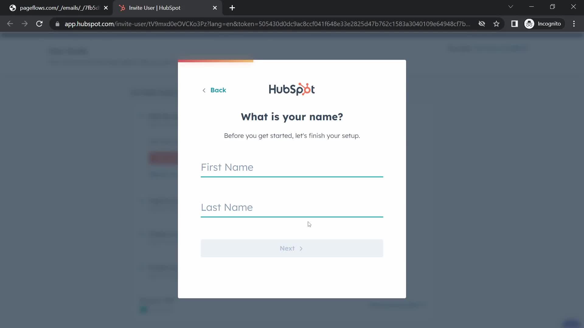 Screenshot of Enter name on Accepting an invite on HubSpot CRM user flow