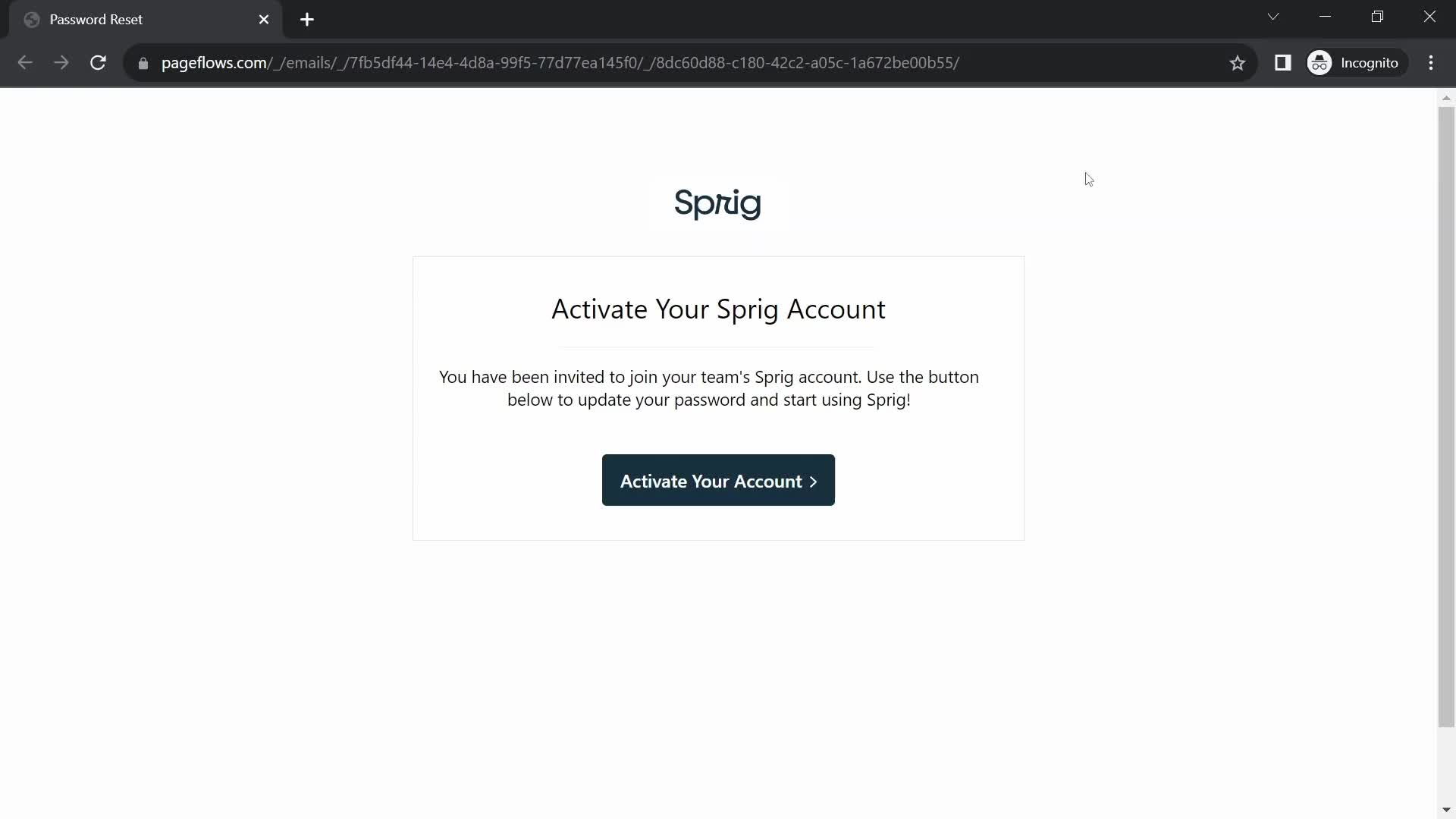 Screenshot of Invite email on Accepting an invite on Sprig user flow