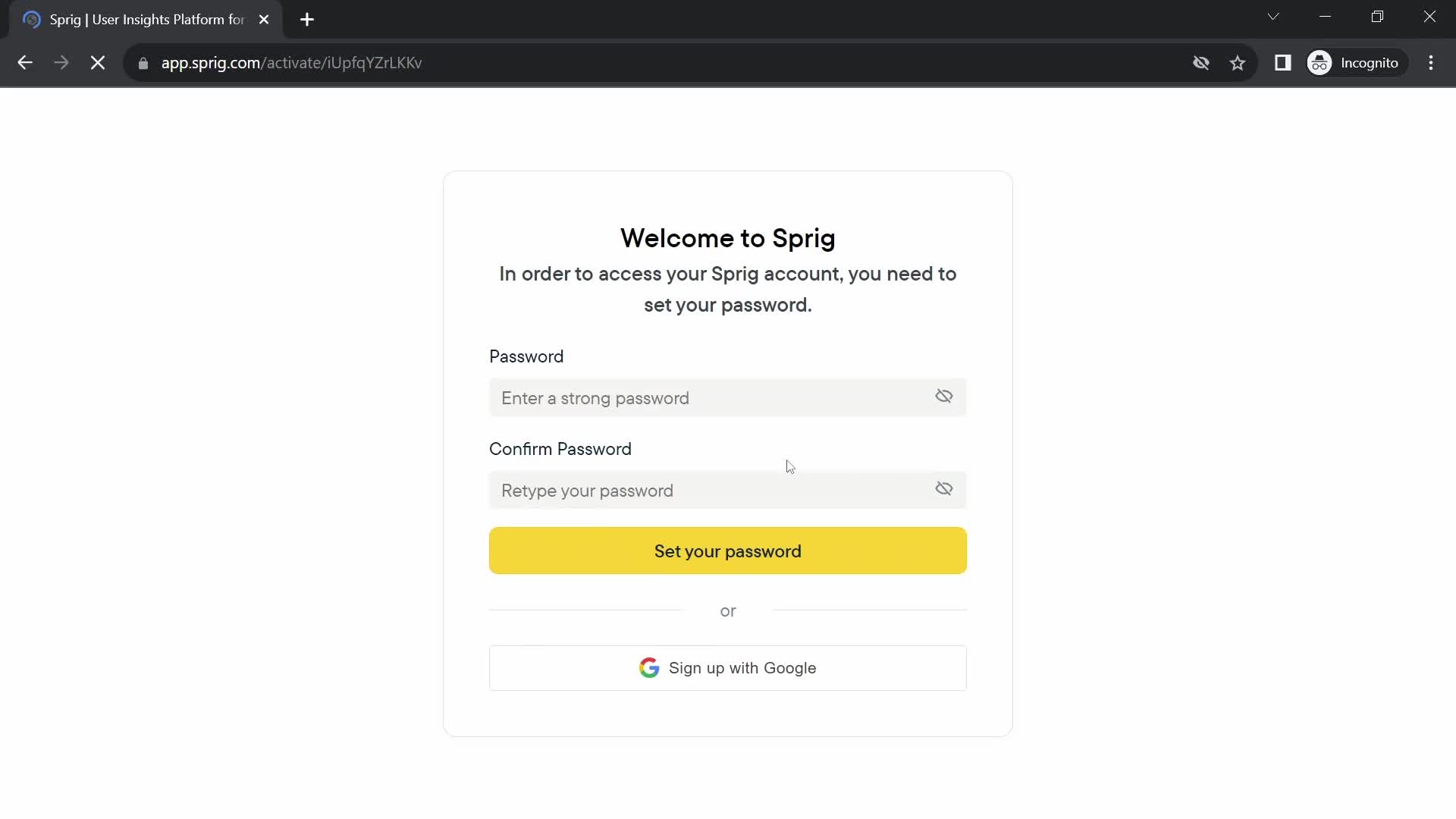 Screenshot of Set password on Accepting an invite on Sprig user flow