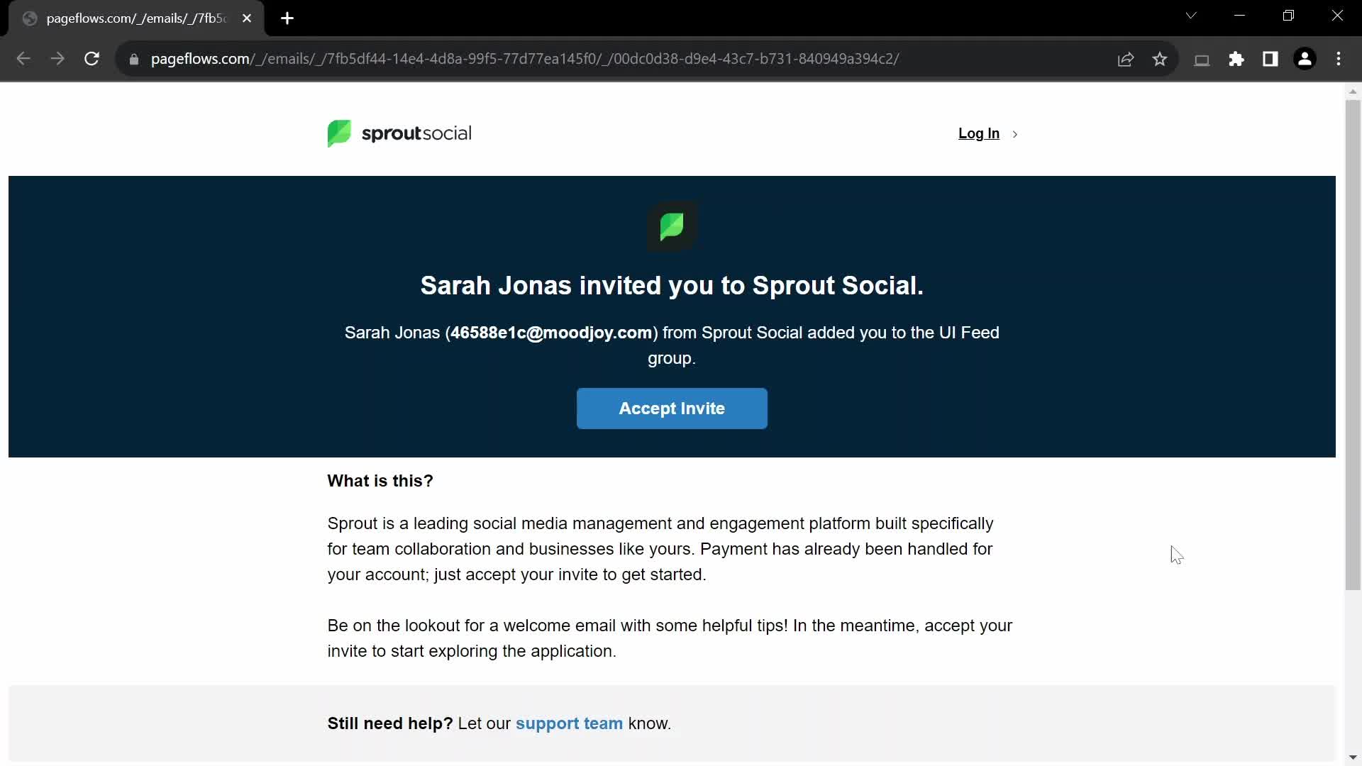 Screenshot of Invite email on Accepting an invite on Sprout Social user flow