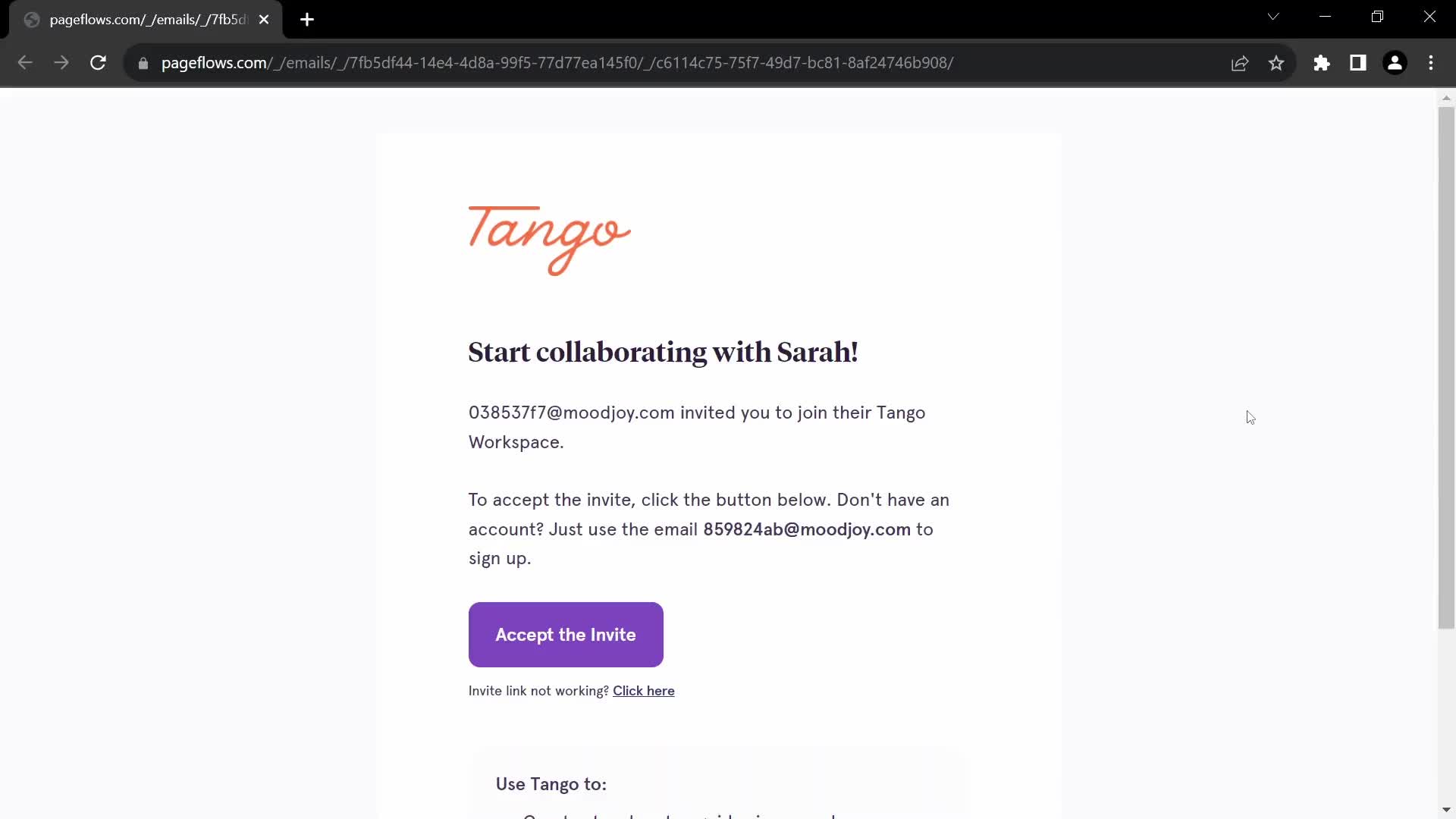 Screenshot of Invite email on Accepting an invite on Tango user flow