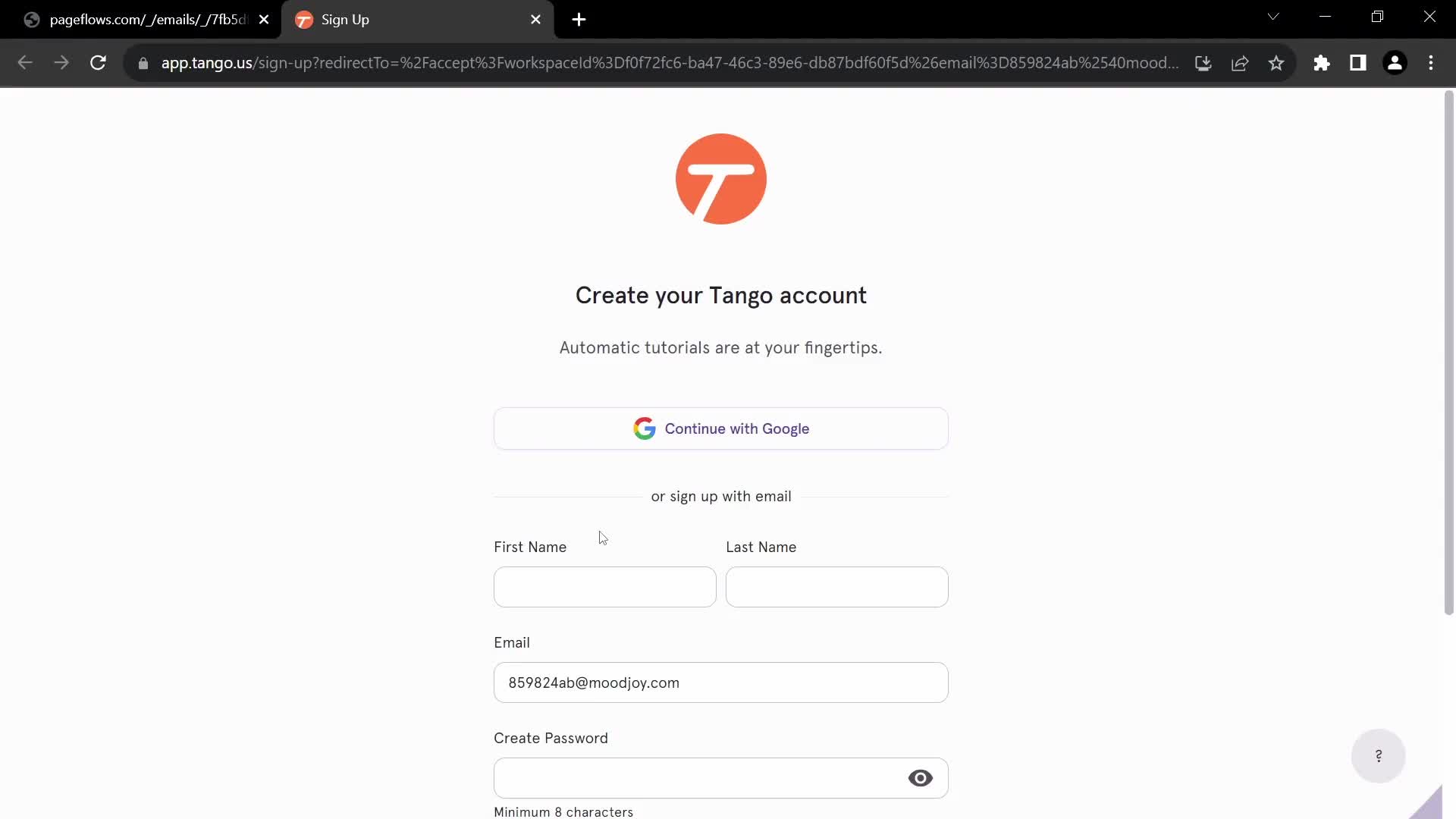 Screenshot of Sign up on Accepting an invite on Tango user flow