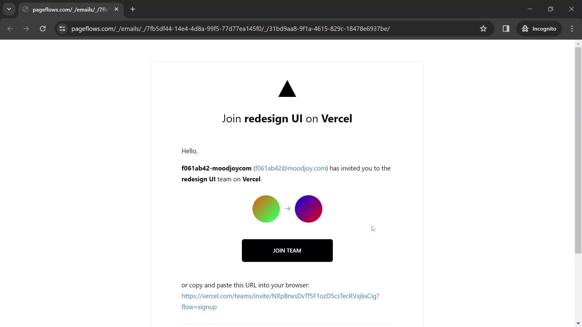 Screenshot of Invite email on Accepting an invite on Vercel user flow