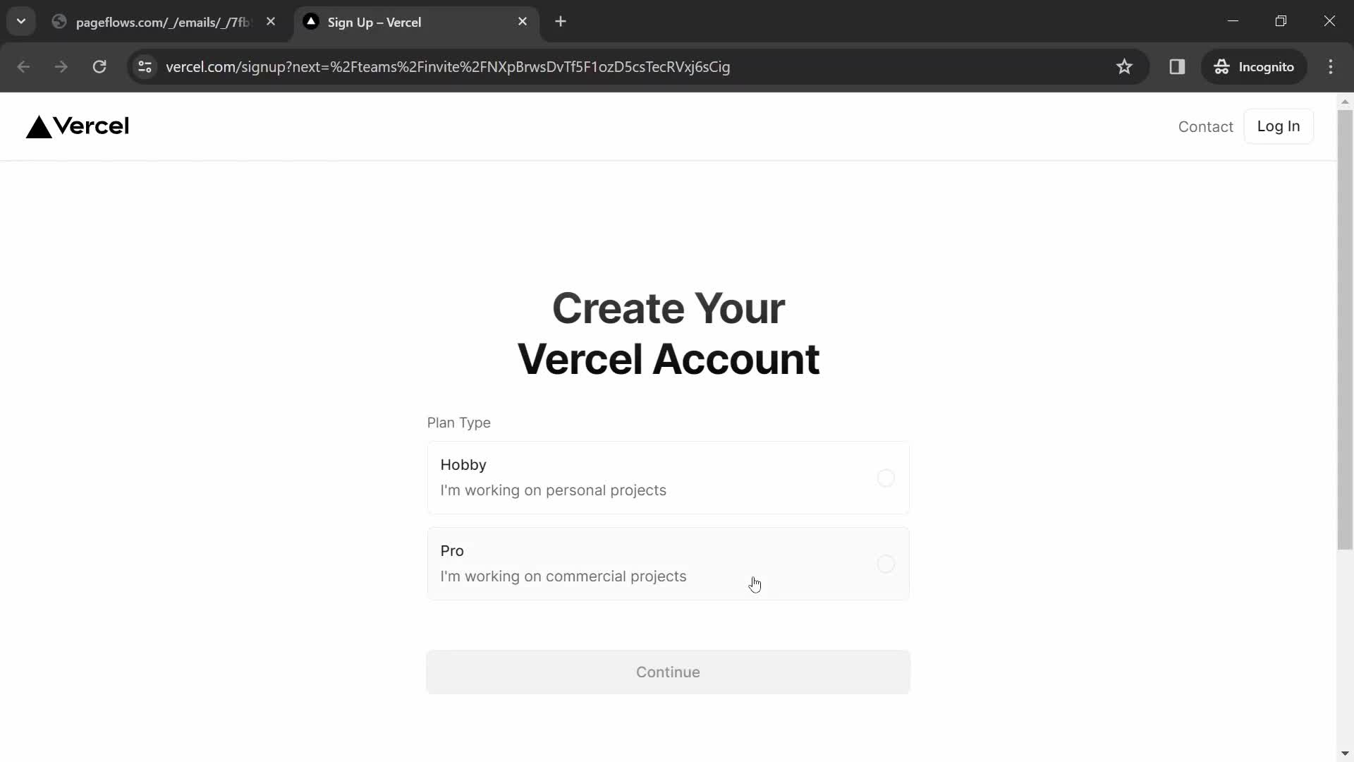 Screenshot of Sign up on Accepting an invite on Vercel user flow