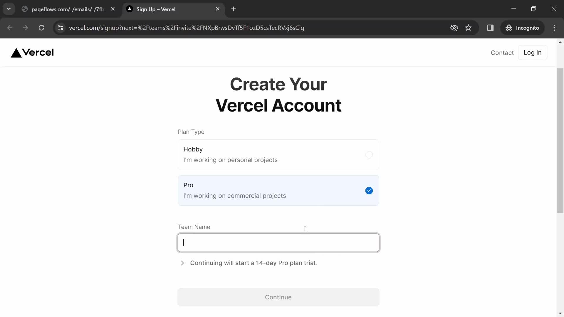 Screenshot of Create team on Accepting an invite on Vercel user flow