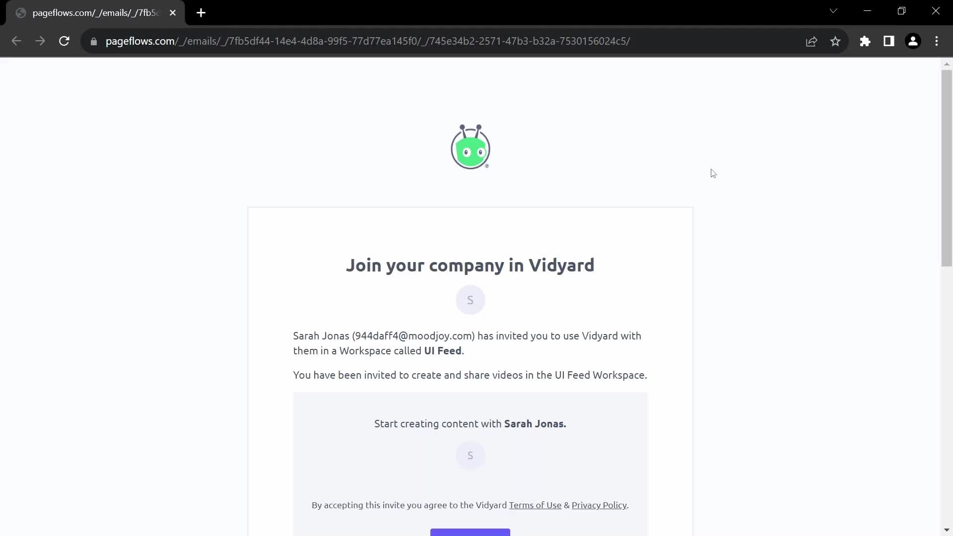 Screenshot of Verify email on Accepting an invite on Vidyard user flow