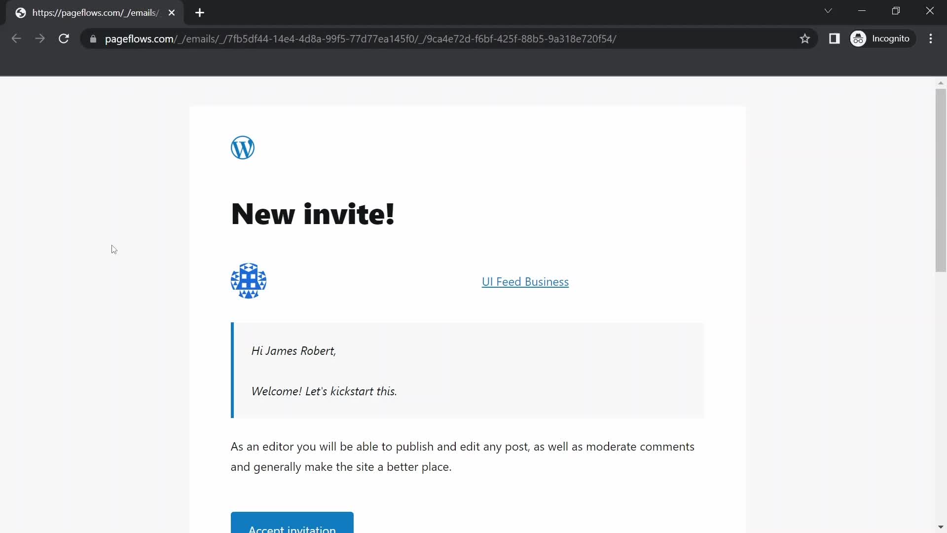 Screenshot of Invite email on Accepting an invite on WordPress user flow