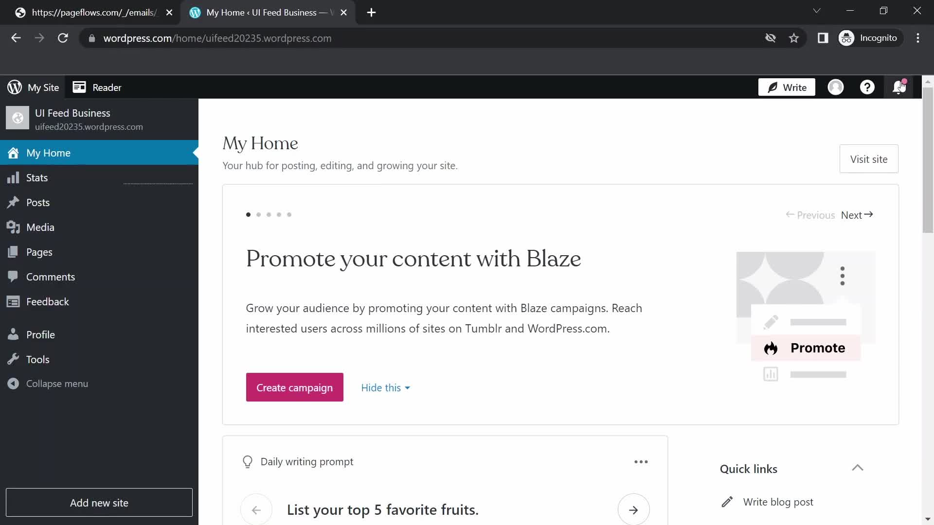 Screenshot of Dashboard on Accepting an invite on WordPress user flow