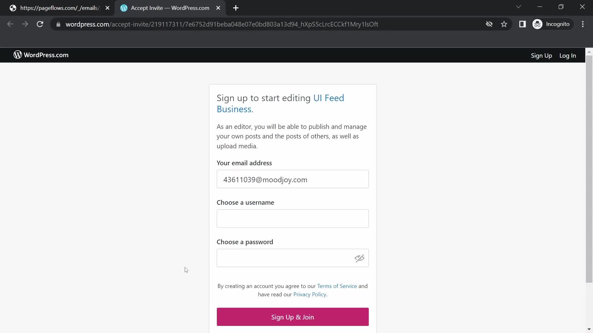 Screenshot of Sign up on Accepting an invite on WordPress user flow