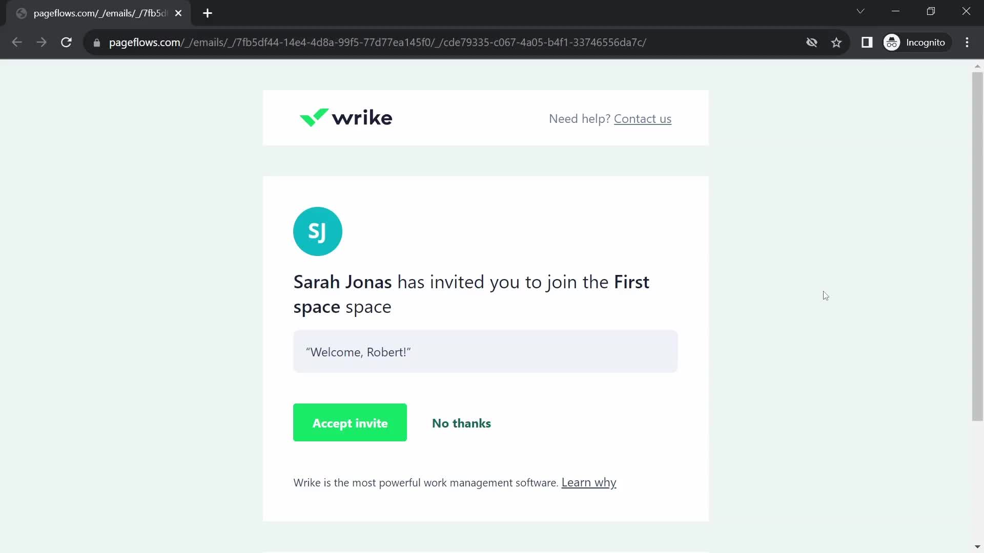 Screenshot of Invite email on Accepting an invite on Wrike user flow